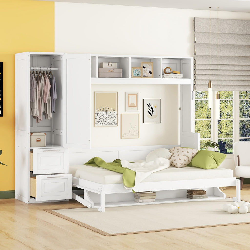 Ball & Cast Murphy Bed Queen Size Wall Beds with Closet and Storage Drawers,Wood Hideaway Platform Bedframe w/Lock,can be Folded,Easy Assembly,for Kids Bedroom,Student Dorms,White