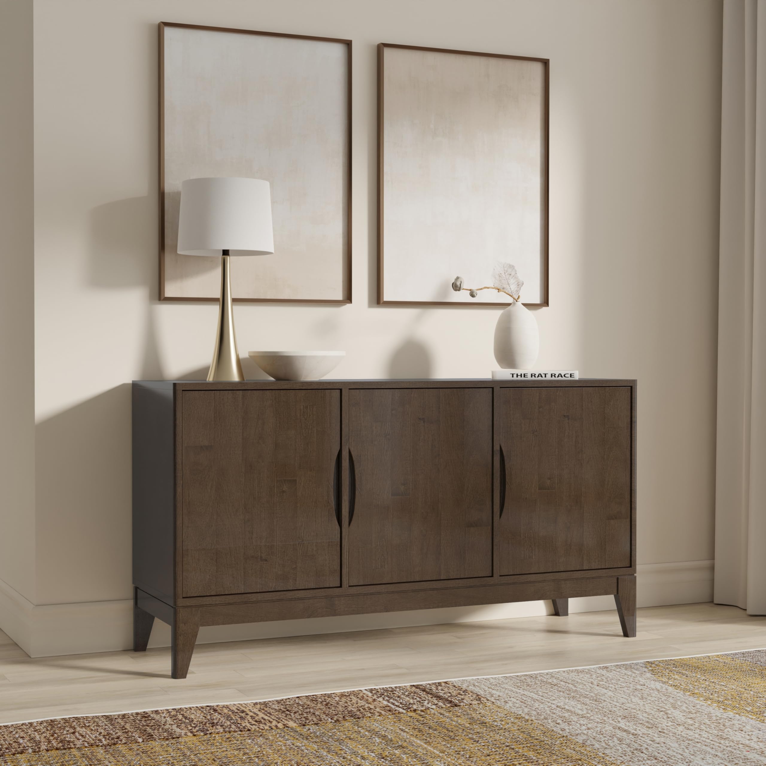 SIMPLIHOME Harper Buffet - 60 inch Wide Solid Wood 3-Door Sideboard Buffet in Walnut Brown, Mid-Century Modern Cabinet for Dining Room or Kitchen with Adjustable Shelves and Tapered Legs