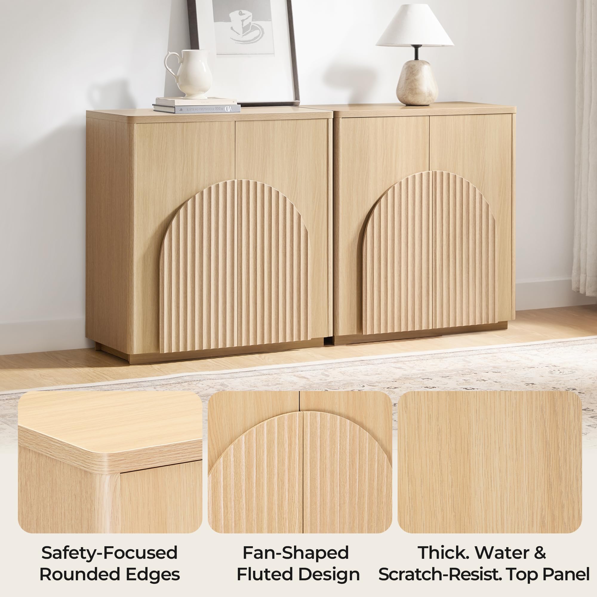CHITA Sideboard Buffet Cabinet with Storage, Small Storage Cabinet with Doors and Shelves for Living Room Accent, Bar, Kitchen, Set of 2, Oak