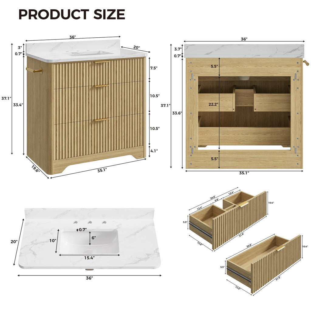 IRONCK 36 inch Bathroom Vanity with Ceramic Sink, Freestanding Wood Grain Sink Cabinet with 3 Storage Drawers (2 Standard + 1 Flip-Down), Farmhouse