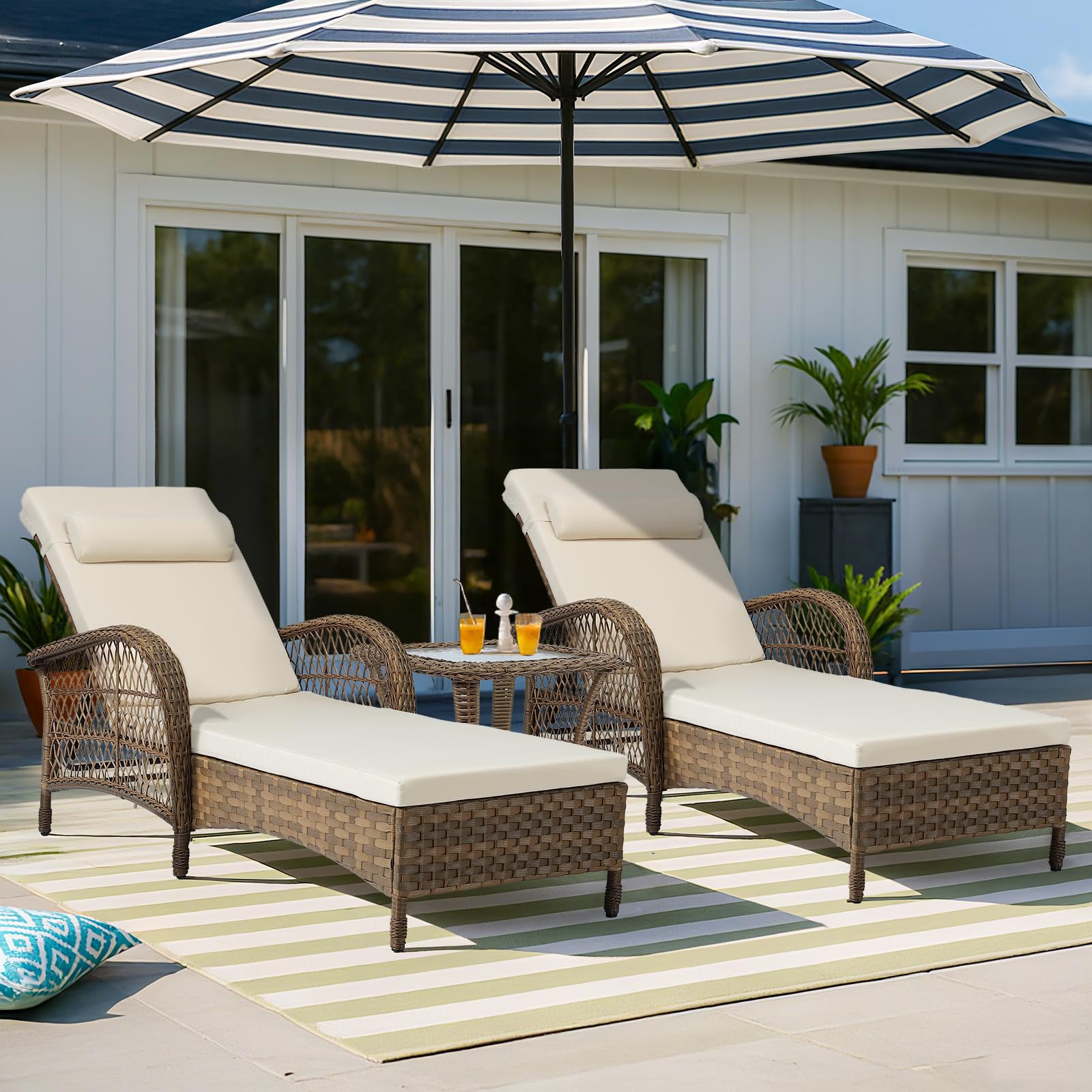VIVIJASON 3 Pieces Outdoor Wicker Chaise Lounge Chair Set, All-Weather PE Rattan Cushioned Patio Lounger Set of 2 with Side Table, Adjustable Pool Sunbathing Recliner with Armrest & Pillow, Beige