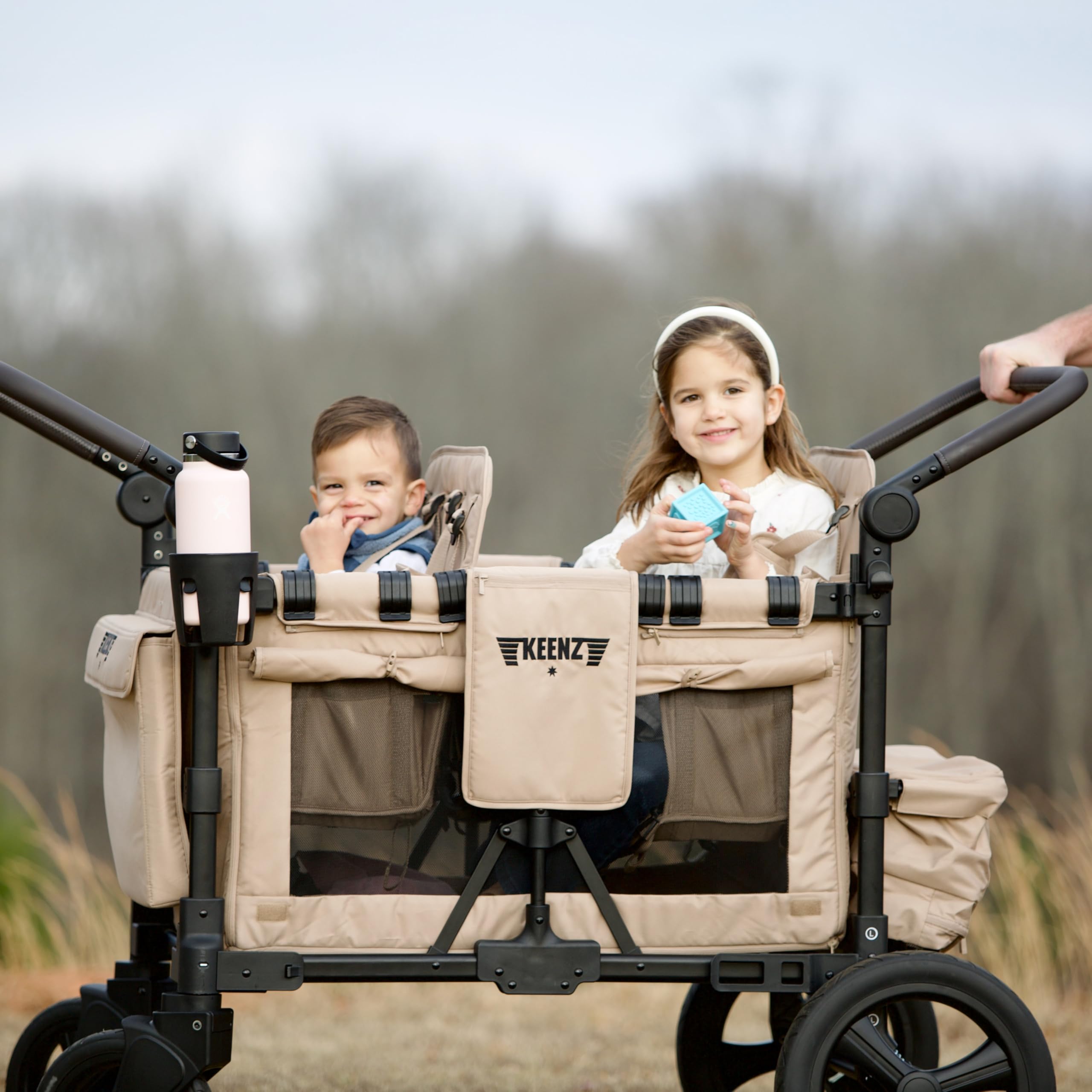 Keenz MOOV 2-Passenger All-Terrain Stroller Wagon with Reclining Seats, Cooler Bin, Push/Pull Handle, and Rubber Wheels – Foldable Wagon for Kids and Toddlers, Mocha