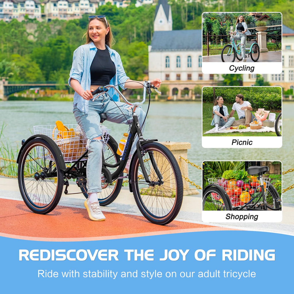 EOYOBIKE Adult Tricycle 3-Wheel Cruiser Bike, Low Step-Through Frame, Large Rear Basket, Heavy-Duty Comfort Bicycle with Adjustable Handlebar & Spring Saddle, 24/26 Inch Wheels for Seniors & Adults