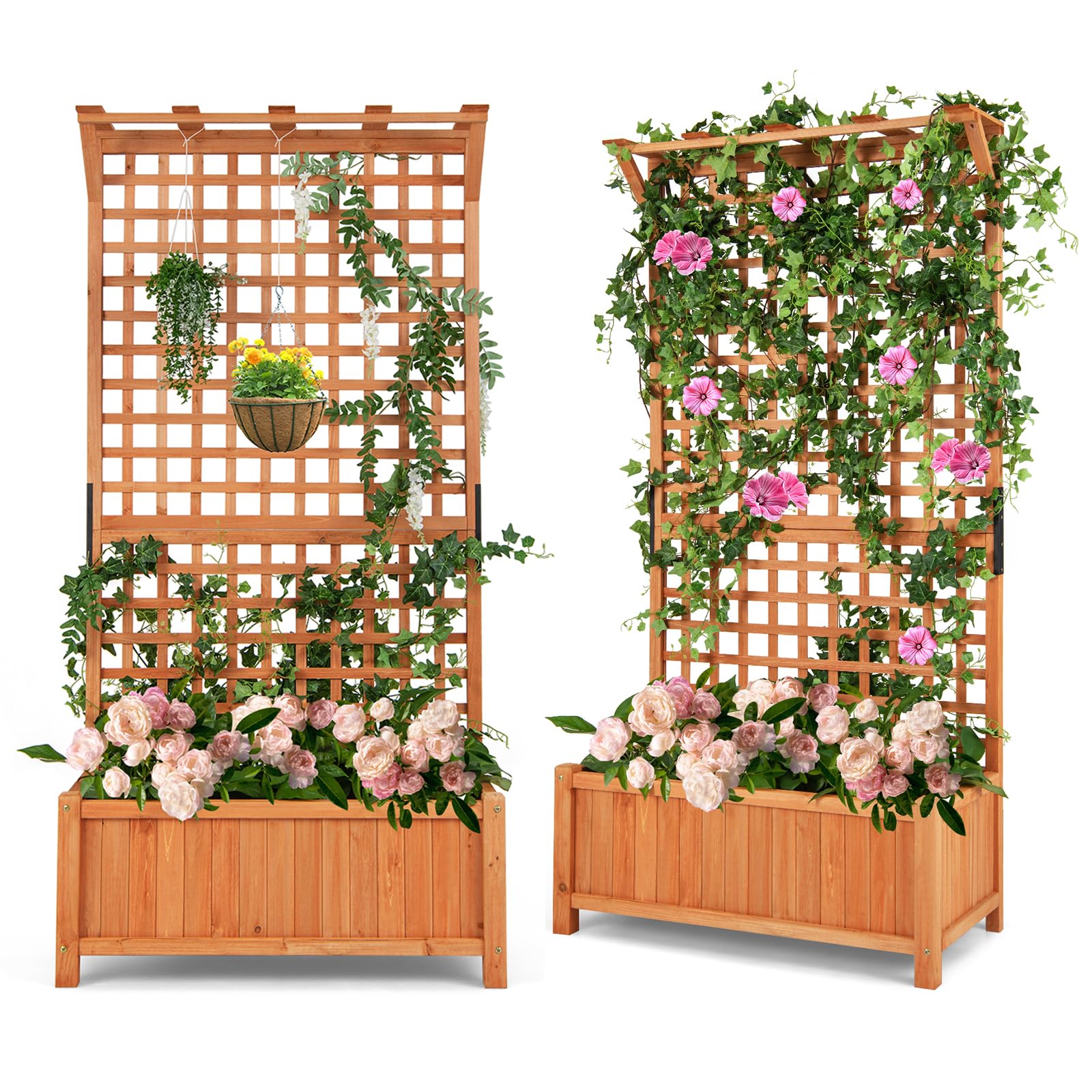 CHEFJOY Wooden Planter Box with Trellis, 72.5” Freestanding Garden Planter w/Hanging Roof, 4 Drainage Holes & Lattice Panel, Raised Garden Bed with Trellis for Vine Climbing Plants Flowers (2)