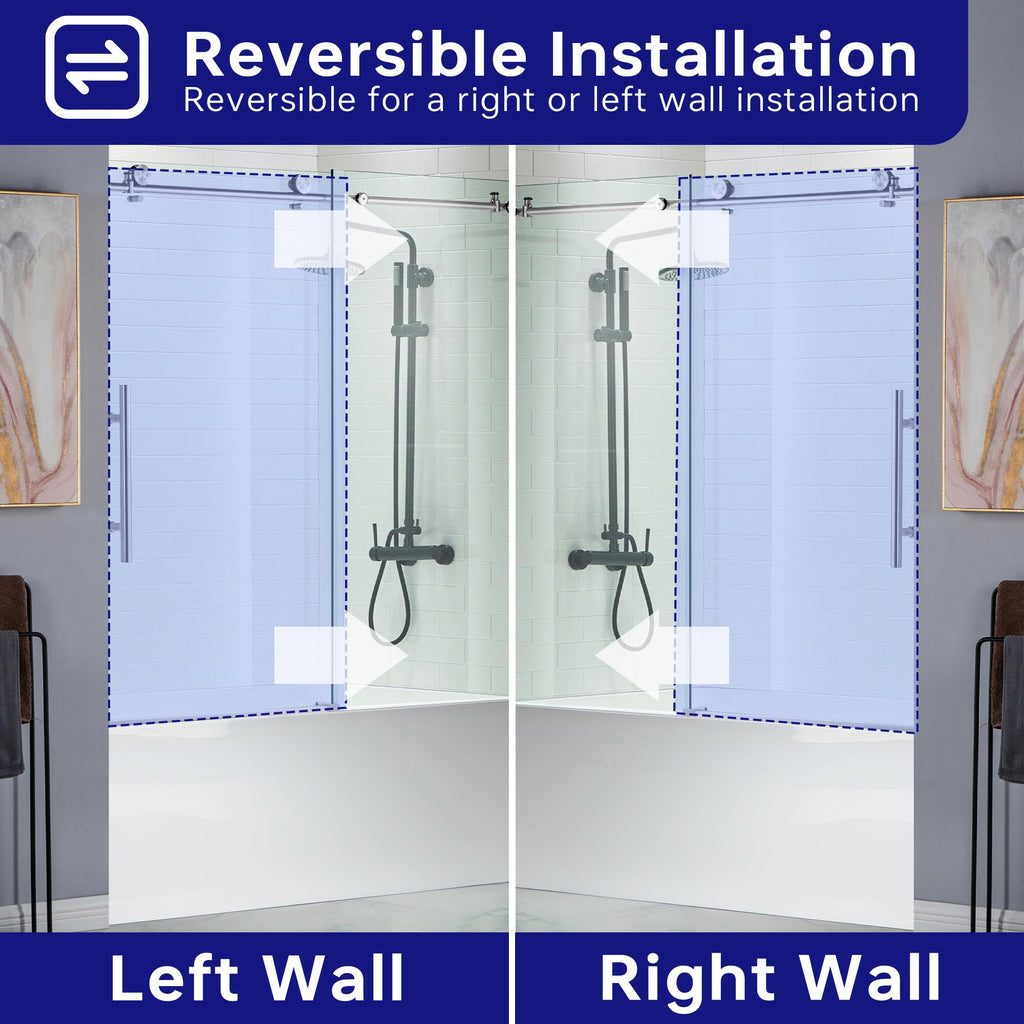 WOODBRIDGE MBSDC 6062-C Frameless Bathtub Shower Doors 56-60" Width x 62" Height with 3/8"(10mm) Clear Tempered Glass in Polished Chrome Finish
