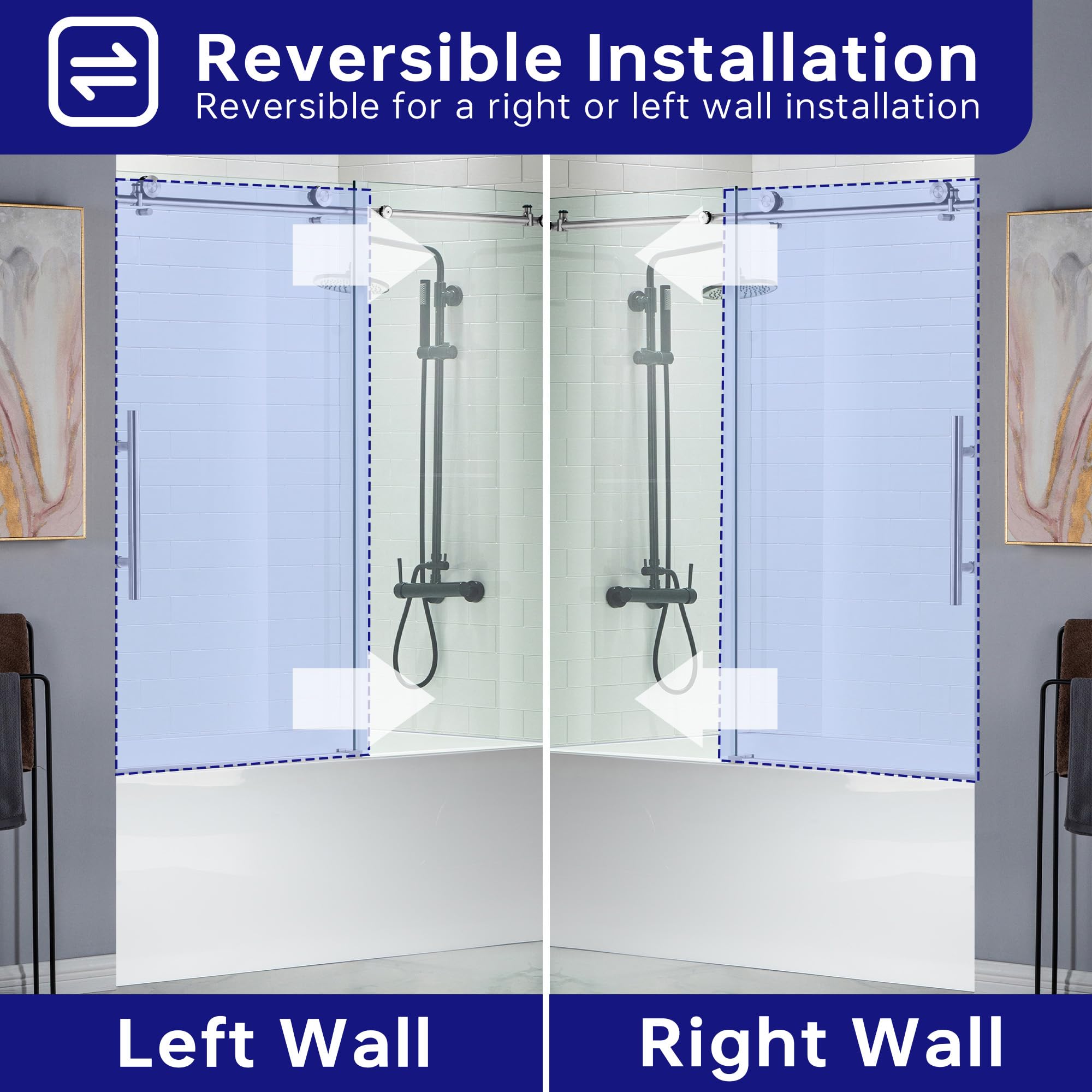 WOODBRIDGE MBSDC 6062-C Frameless Bathtub Shower Doors 56-60" Width x 62" Height with 3/8"(10mm) Clear Tempered Glass in Polished Chrome Finish