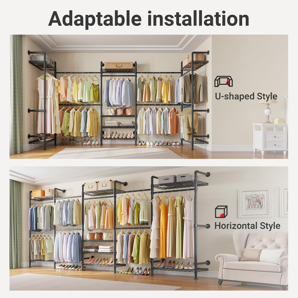 Timate U5 Expandable Wall Mounted Clothes Rack, Walk in Closet, Heavy Duty Industrial Pipe Clothing Rack with 4 Expandable Hanger Rods & 8 Adjustable Shelves, Fits Spaces 8'- 10', Black