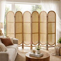 Aletheiawu Arched Rattan Room Divider 5.6 Ft Folding Privacy Screen, 6 Panel Freestanding Room Partition with Double Hinges, Lightweight Paulownia Wood Divider for Bedroom, Restaurant, Office, Natural