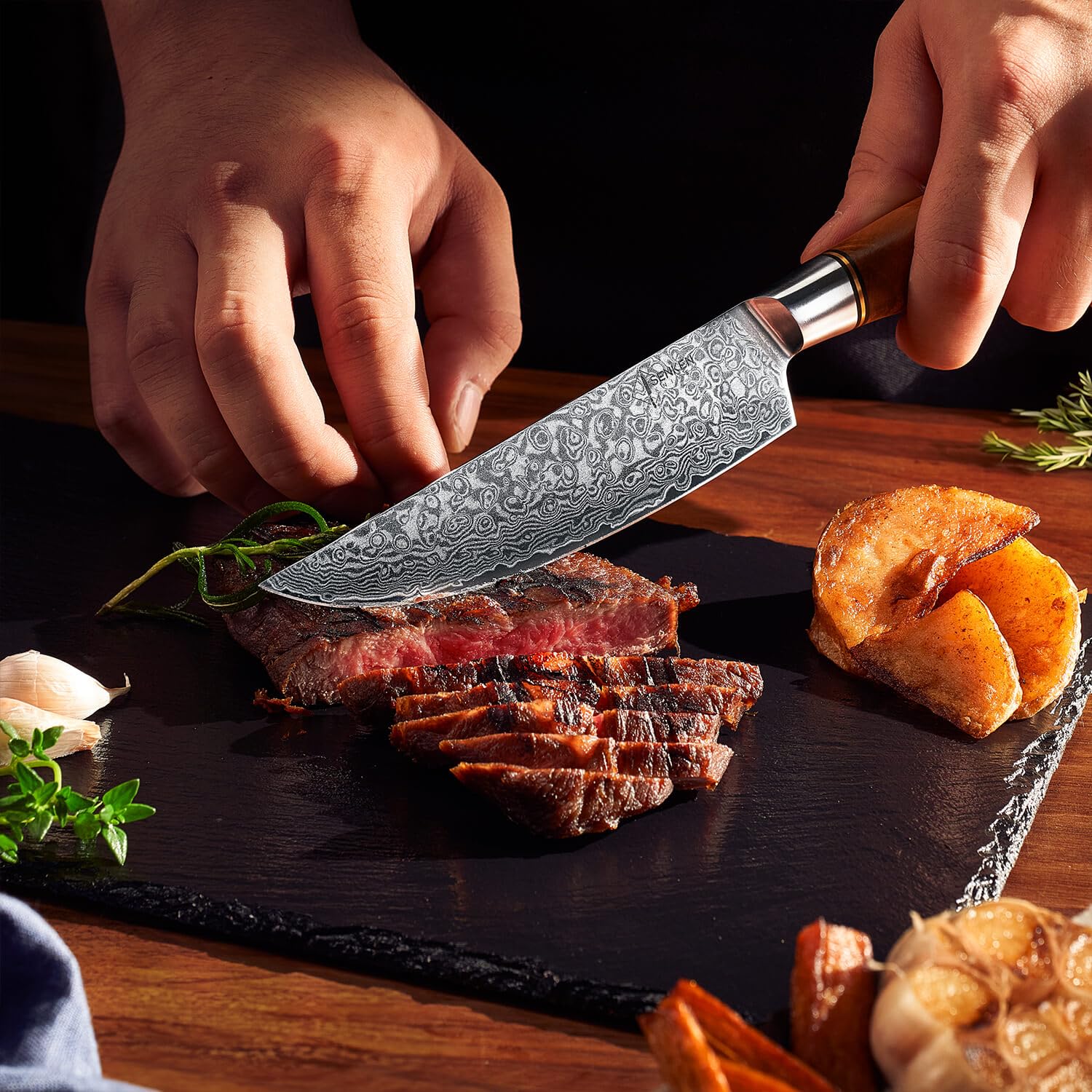 SENKEN 16-Piece Damascus Knife block Set - The Dynasty Collection - Japanese VG10 Damascus Steel with Natural Sycamore Wood Handles, Steak Knives, Scissors, & Sharpening Rod (16-Piece Knife Block Set)