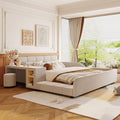 Merax Queens Size Velvet Bed Frames Upholstered Grounded Bed, Wooden Mother & Child Bed with Bedside Desk and Little Round Stool,Kids Adults Bedroom Floor Platform Bed,Beige