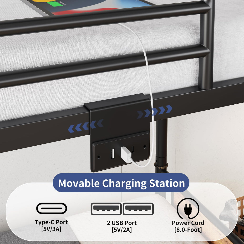 Jocoevol Metal LED Bunk Bed Twin Over Twin with 2 Storage Drawers, USB Charging Station, Industrial Bunkbeds Heavy Duty Bed with Safety Guardrail and Ladder, No Box Spring Needed, Vintage Brown