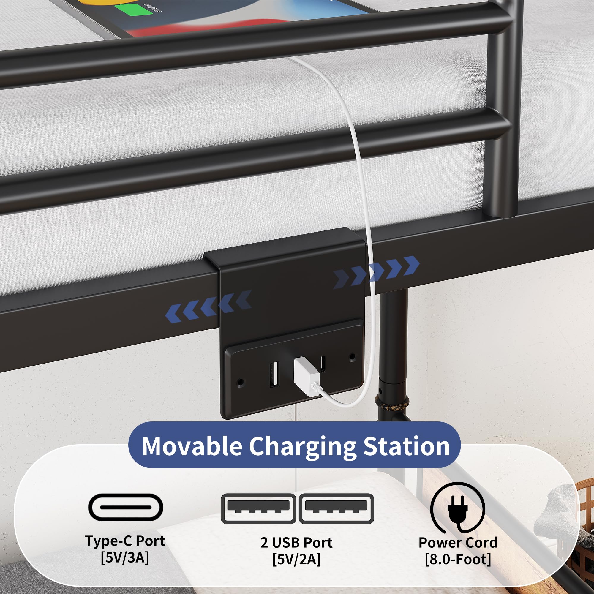 Jocoevol Metal LED Bunk Bed Twin Over Twin with 2 Storage Drawers, USB Charging Station, Industrial Bunkbeds Heavy Duty Bed with Safety Guardrail and Ladder, No Box Spring Needed, Vintage Brown