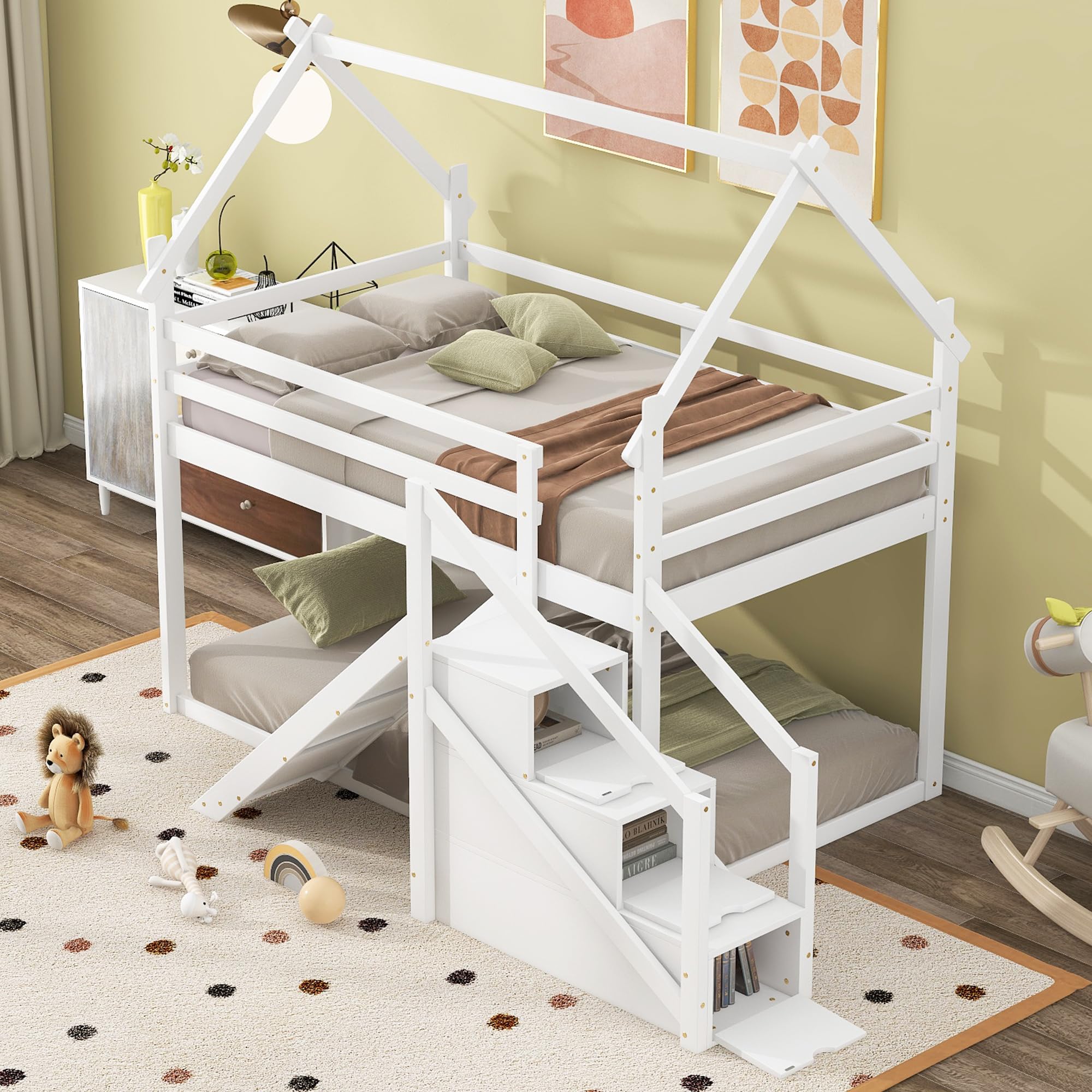Merax Twin Over Twin Bunk Bed with Full-Length Guardrails for Teens, Boys, Girls, Wooden House Bed Frame & Slide and Storage Stairs for Children's Room, Bedroom, No Box Spring Needed, White