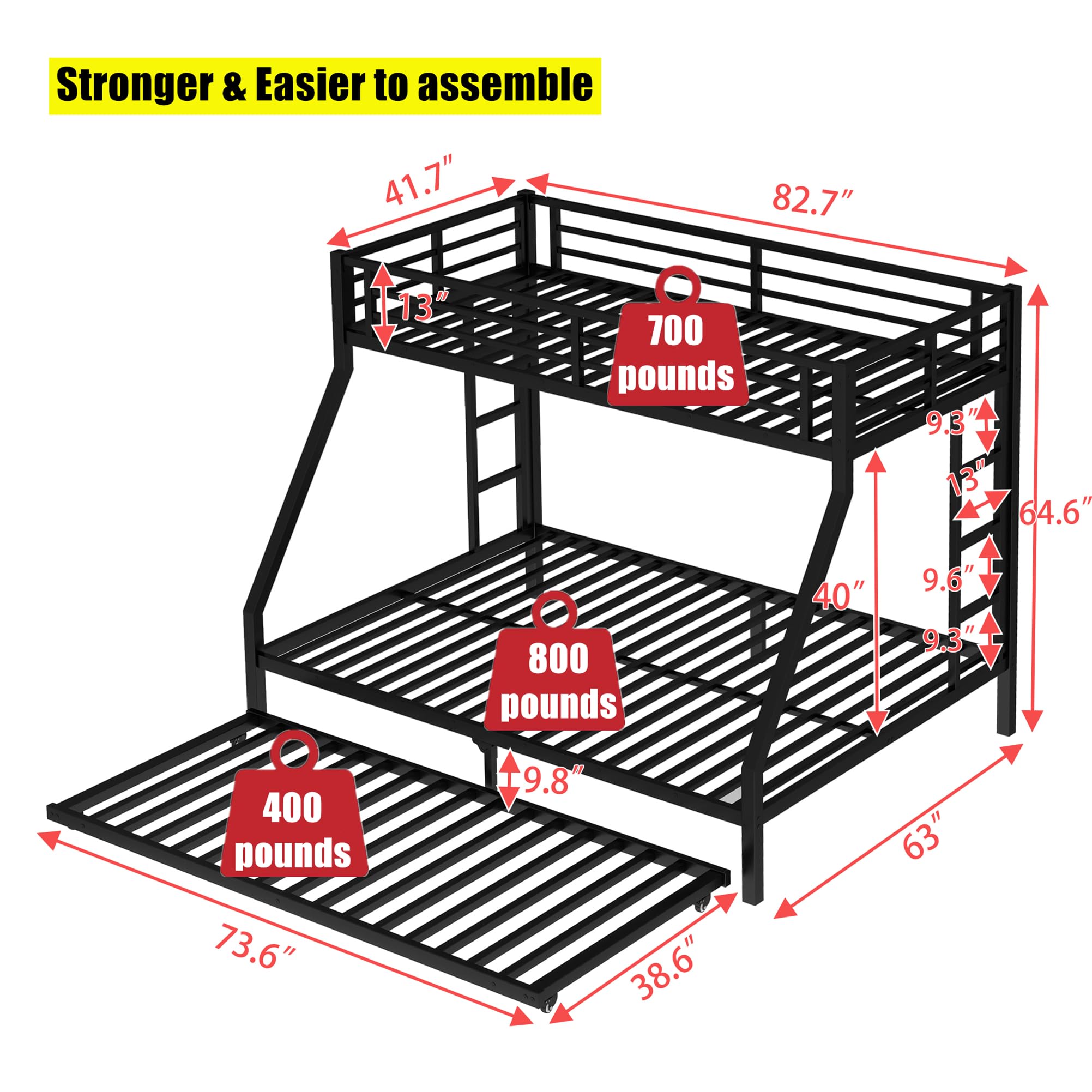 NOAHLEO Stronger & Safer Heavy Duty Metal Twin XL Over Queen Size Bunk Bed with Twin Trundle for Adults Teens, More Stable Thickened Steel Bunkbed (Twin XL Over Queen with Twin Trundle)
