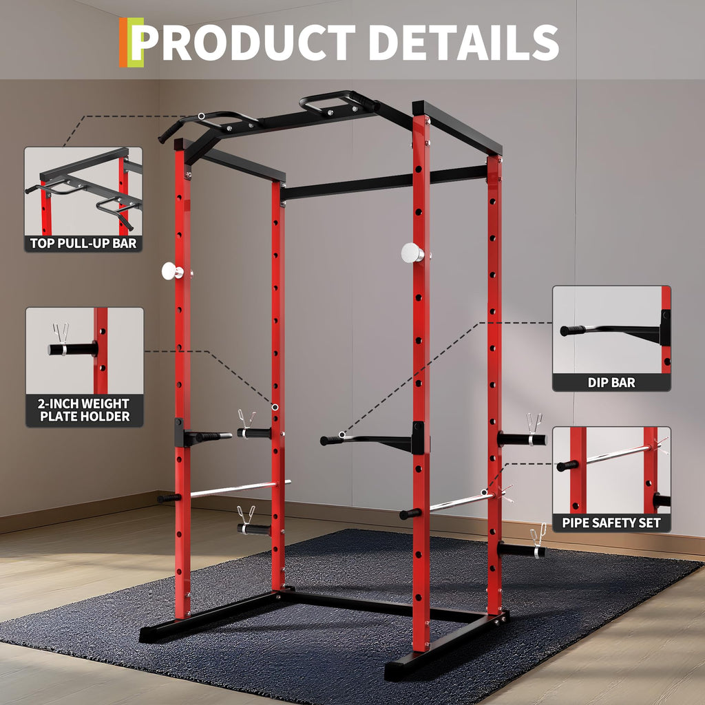 Garvee Power Cage, Squat Rack for Home Gym, 1100LB Capacity Power Rack with Pull-Up Bar, Adjustable Safety Bars, Strength Training for Home Gym, Red