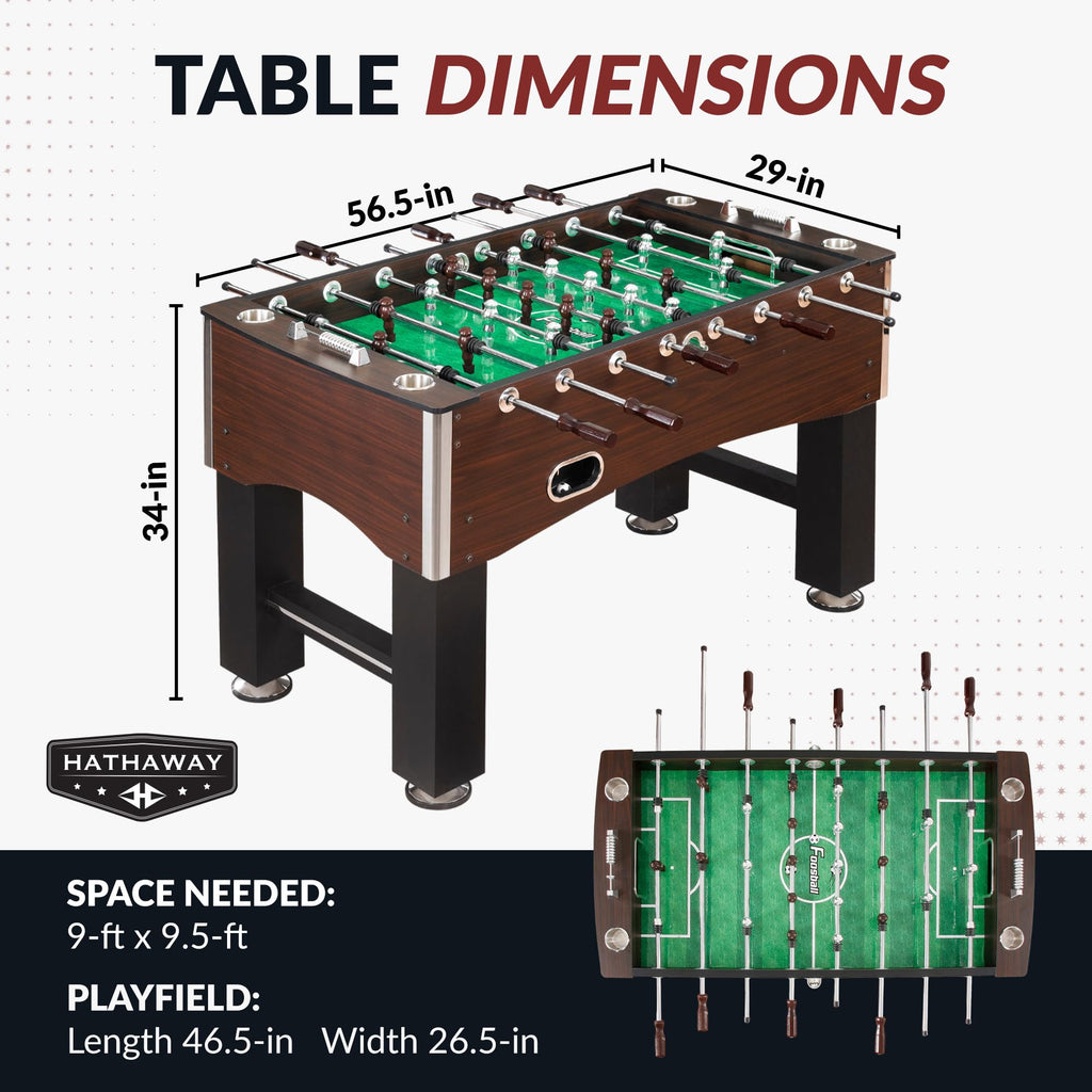Hathaway Primo 56-In Foosball Table for Family Game Room - With Counterbalanced Players, E-Z Spin Bearings, Analog Scoring Units, Easy-Grip Handles & Adjustable Leg Levelers - Wood Grain Finish