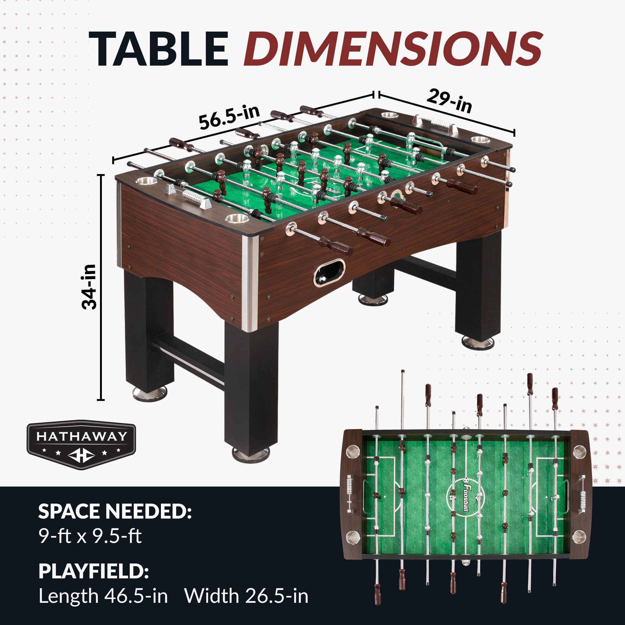 Hathaway Primo 56-In Foosball Table for Family Game Room - With Counterbalanced Players, E-Z Spin Bearings, Analog Scoring Units, Easy-Grip Handles & Adjustable Leg Levelers - Wood Grain Finish