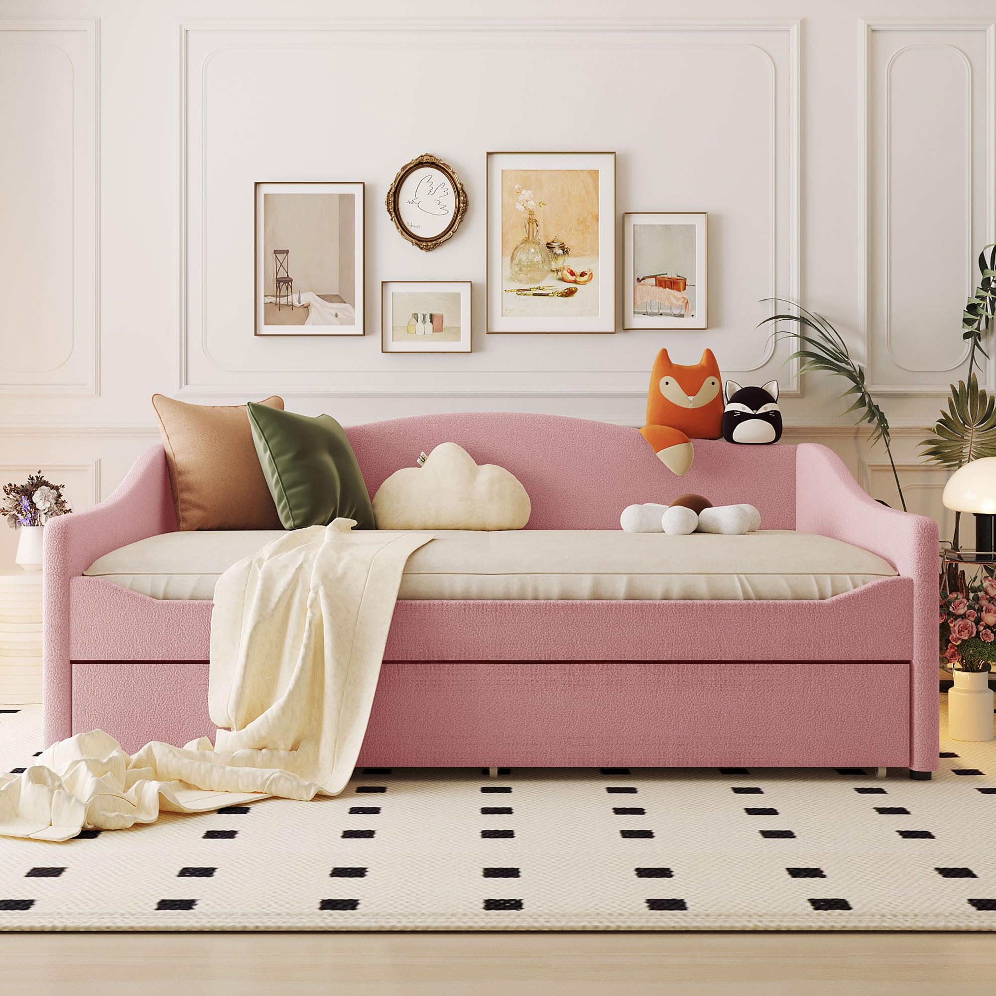 Jintop Teddy Fleece Full Size Upholstered Daybed with LED Light and Trundle,Modern Wood Platform Bed W/Side Stripes,Easy Assembly,for Bedroom,Living Room,Guestroom,Pink