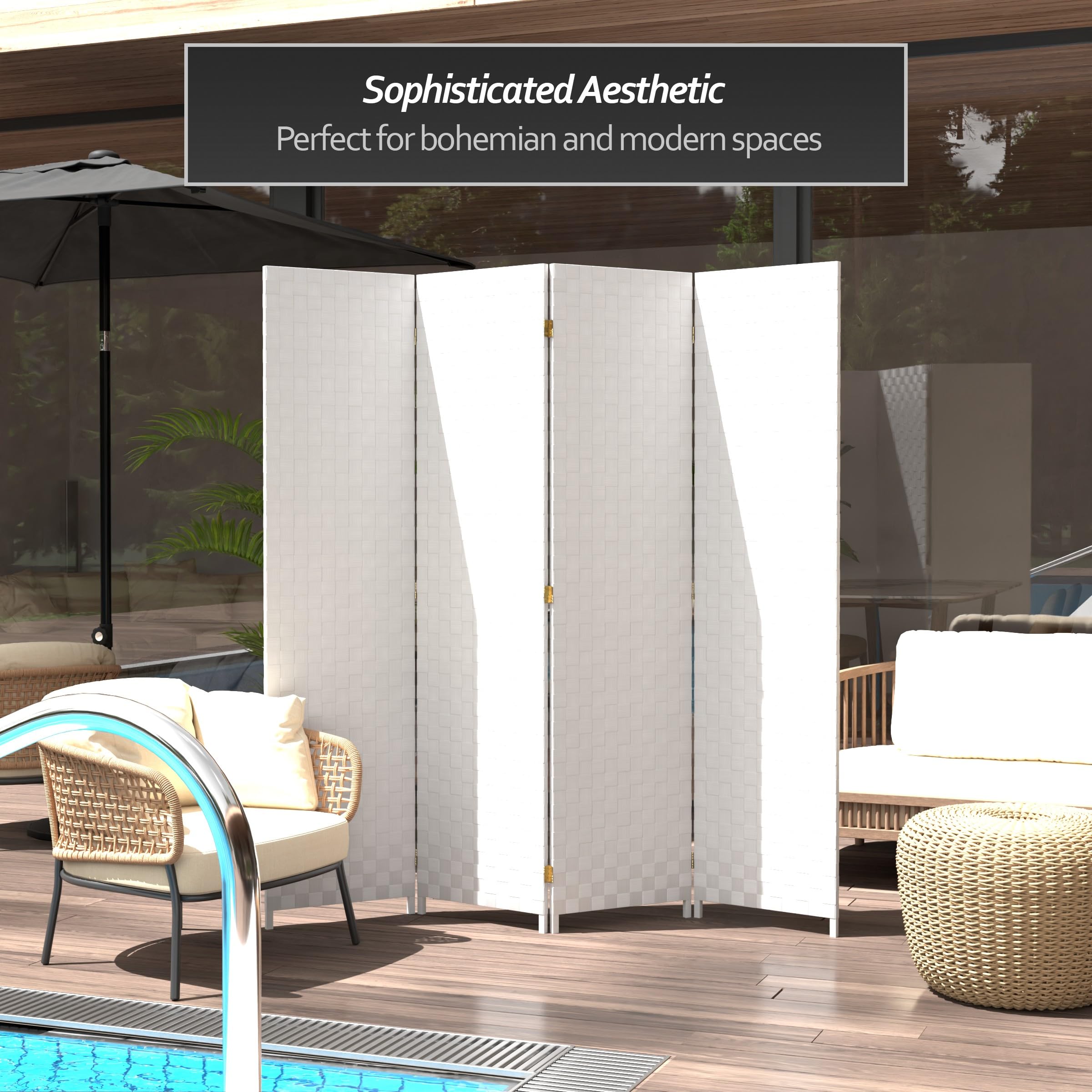 Red Lantern 6 ft. Tall Woven Fiber Outdoor All Weather Room Divider - 4 Panel - White