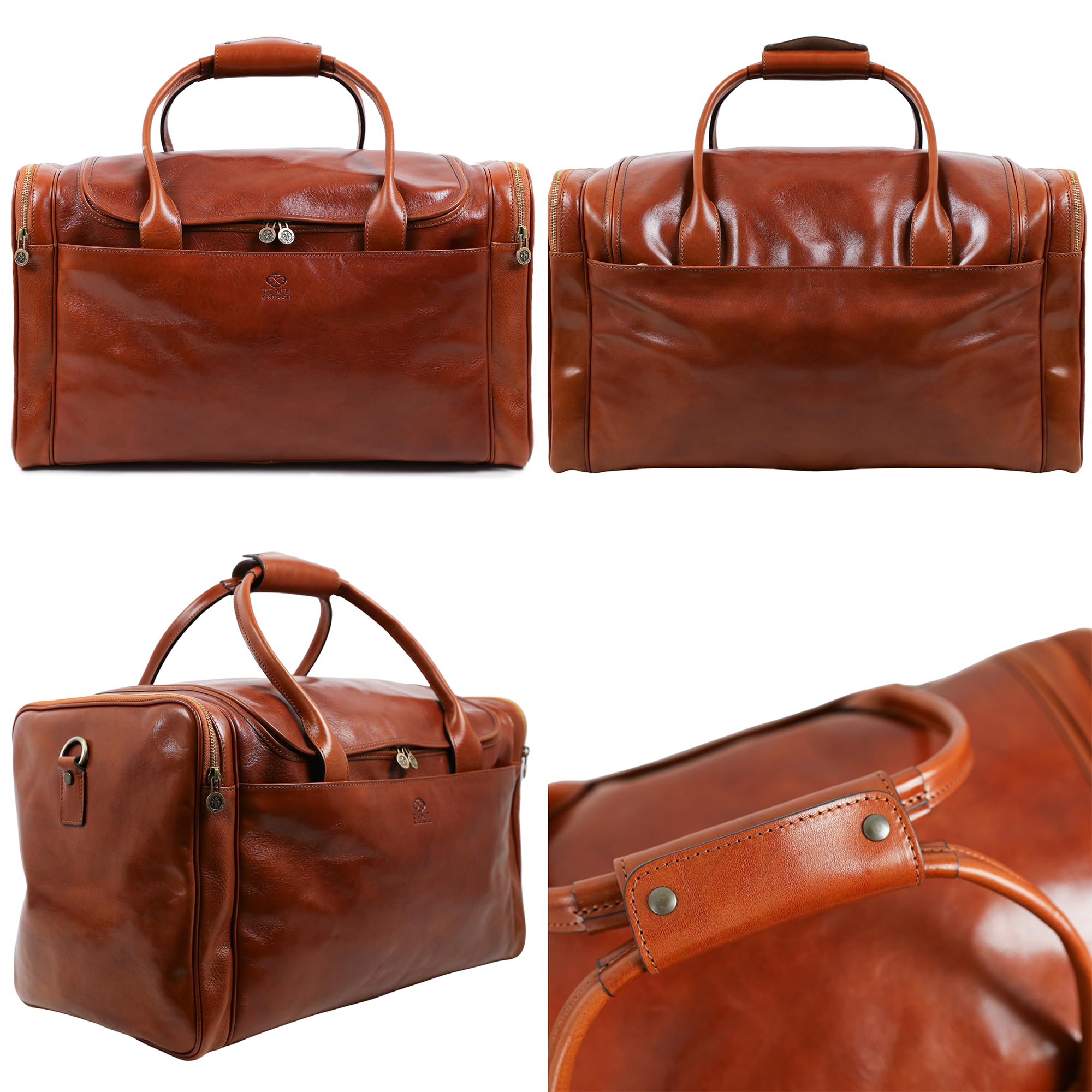 Time Resistance Leather Duffel Bag - Large Weekend Gym Travel Bag (Cognac Brown)