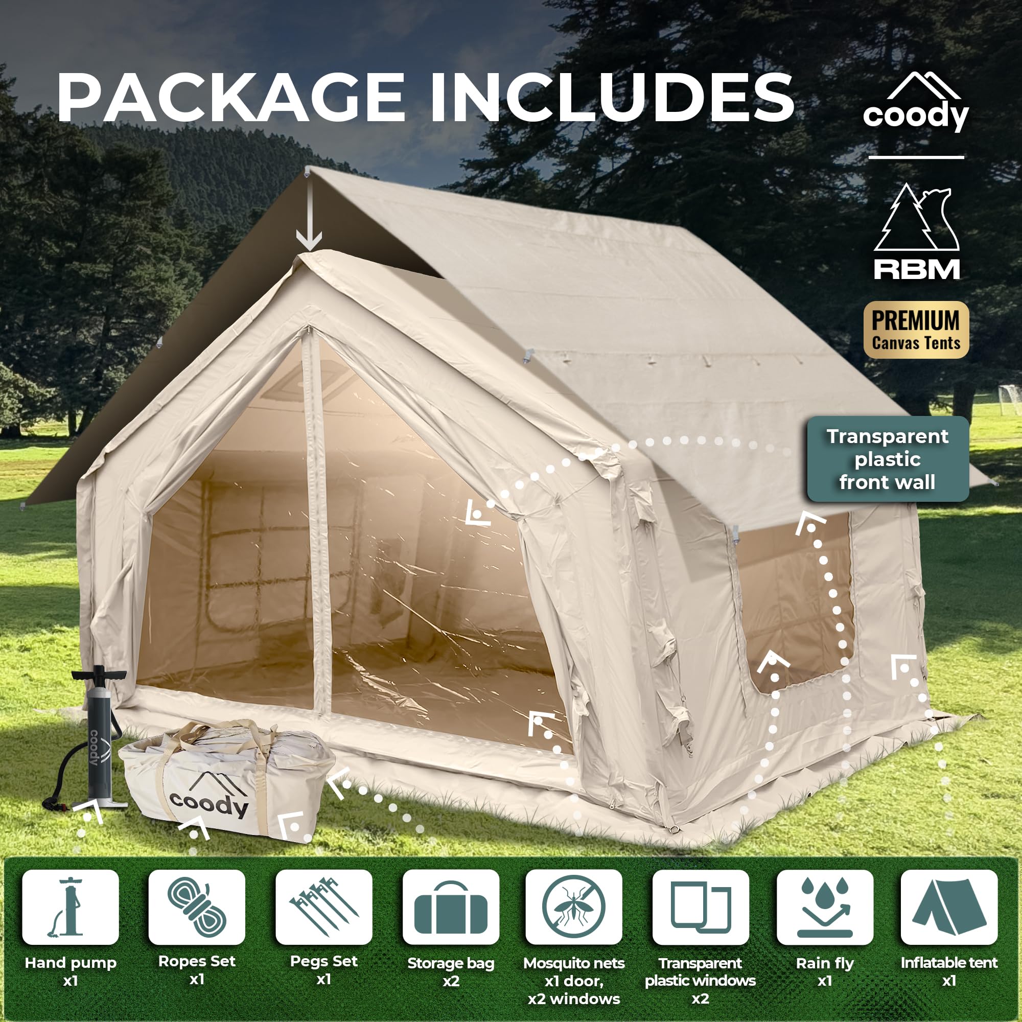Coody 10.0 Inflatable Canvas Camping Tent for 2–4 People – Premium Air Beam Glamping Tent with Stove Jack, Breathable TC Cotton Canvas, Fast Setup Inflatable Family Tent with Pump, Beige