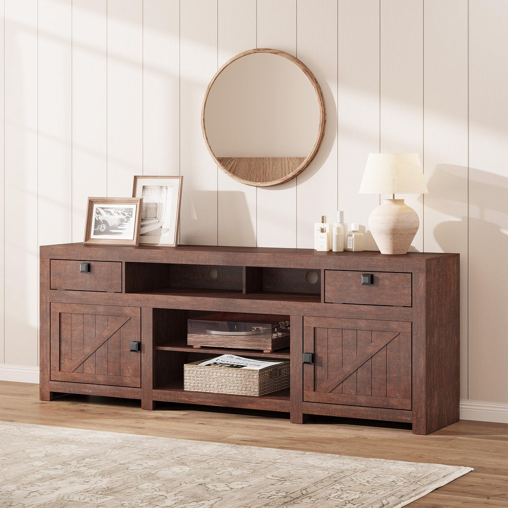 Farmhouse TV Stand for 75/80 Inch TVs, Long Entertainment Center with 4 Storage Drawers & 3 Open Shelf, Television Consoles Stands for Living Room, Bedroom