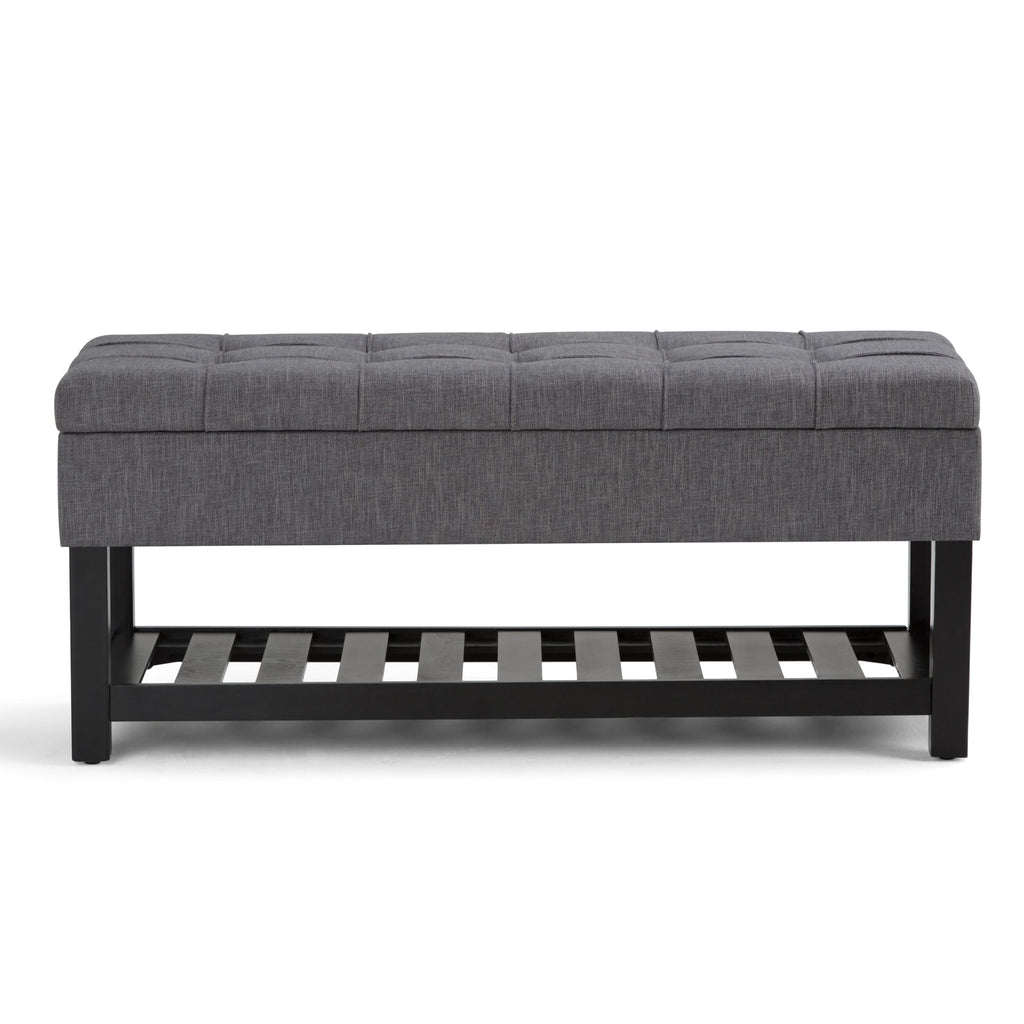 SIMPLIHOME Saxon Storage Ottoman Bench - 43 inch Wide Upholstered Linen Look Fabric Rectangle Storage Ottoman in Slate Grey, Transitional Bench for Bedroom with Tufted Lift-Top and Open Bottom Shelf