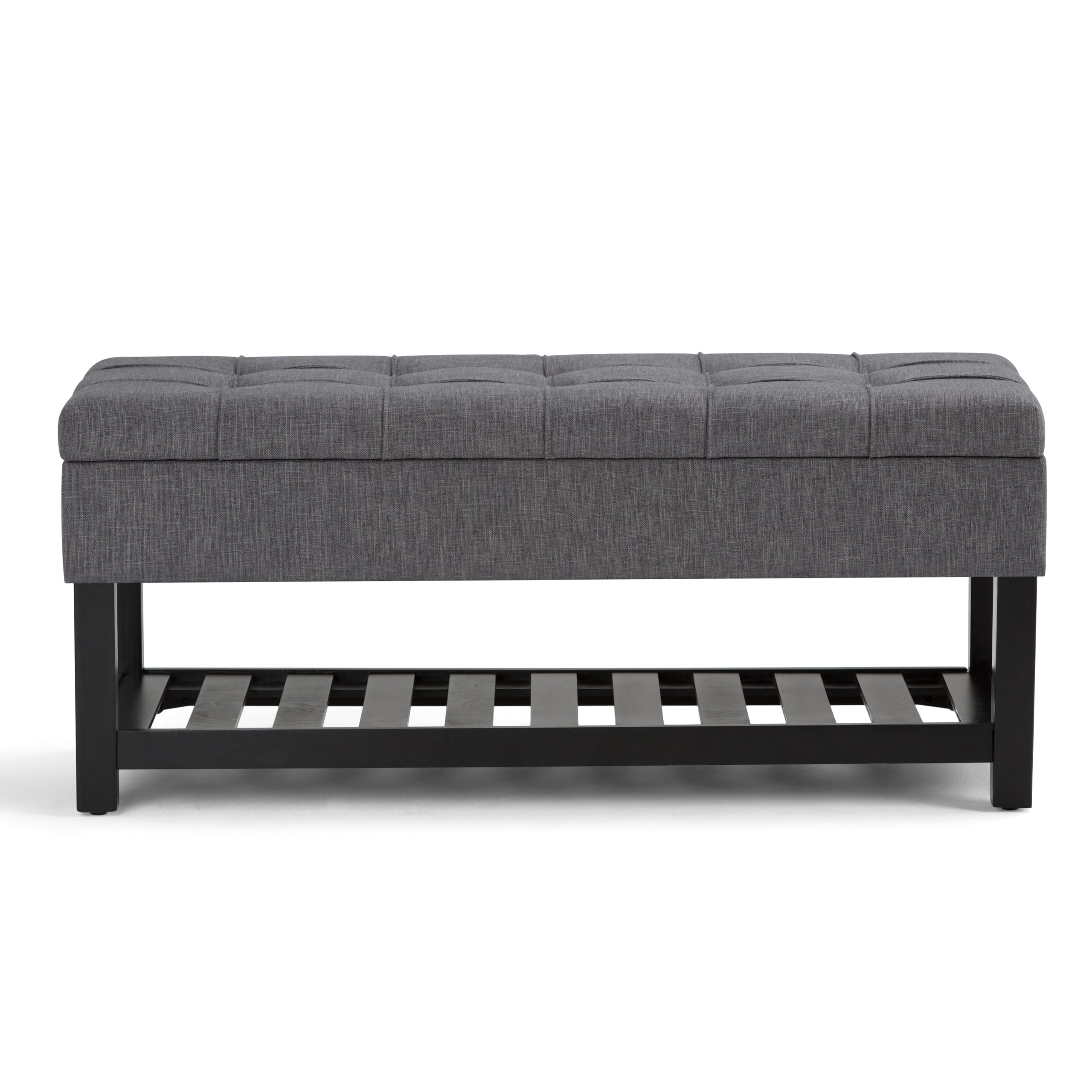 SIMPLIHOME Saxon Storage Ottoman Bench - 43 inch Wide Upholstered Linen Look Fabric Rectangle Storage Ottoman in Slate Grey, Transitional Bench for Bedroom with Tufted Lift-Top and Open Bottom Shelf