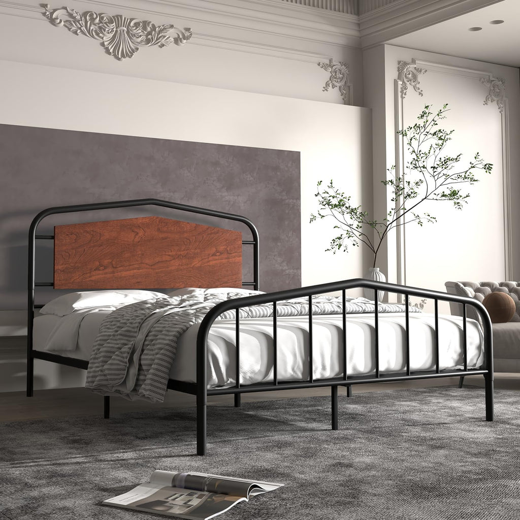Gyabnw Full Bed Frame, Full Size Bed Frame, Heavy Duty Metal Platform Bed Frame with Round Corners, /No Box Spring Needed/Wooden Headboard/Noise-Free, Walnut
