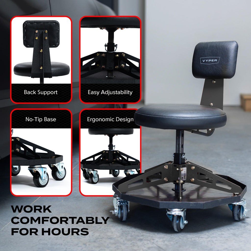 Vyper Robust Steel Sport Shop Chair for Mechanics, Automotive, DIY - 300 lb Capacity Garage Stool with Backrest & Large Wheels (Black Seat, Black Frame)