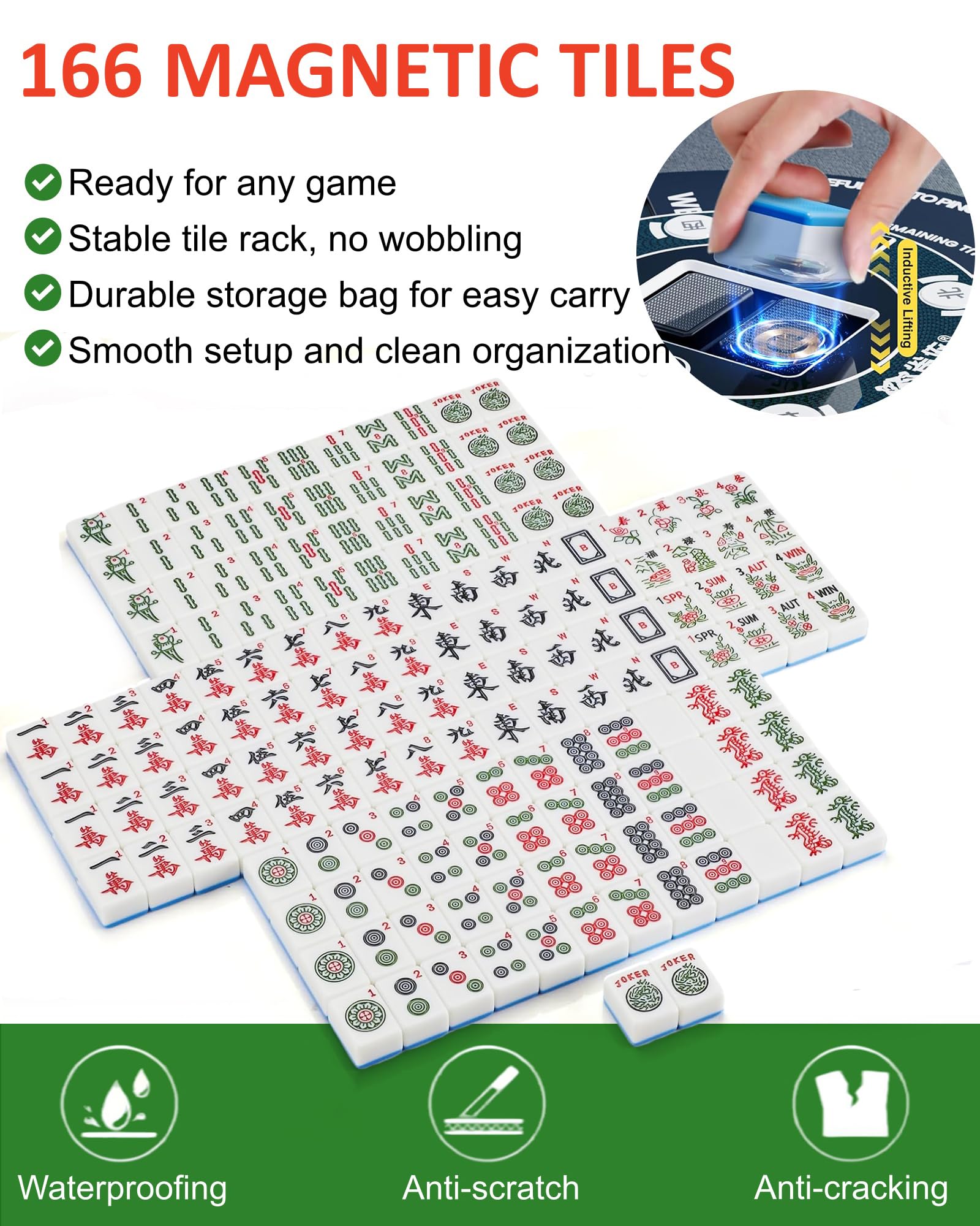 PYY Portable Automatic Mahjong Table - Foldable Tabletop Design, 166 Magnetic Mini Mahjong Tiles (Incl. 8 Dragons, 4 Blanks, 10 Jokers), Supports American & Chinese Styles, for Outdoor & Home Fun