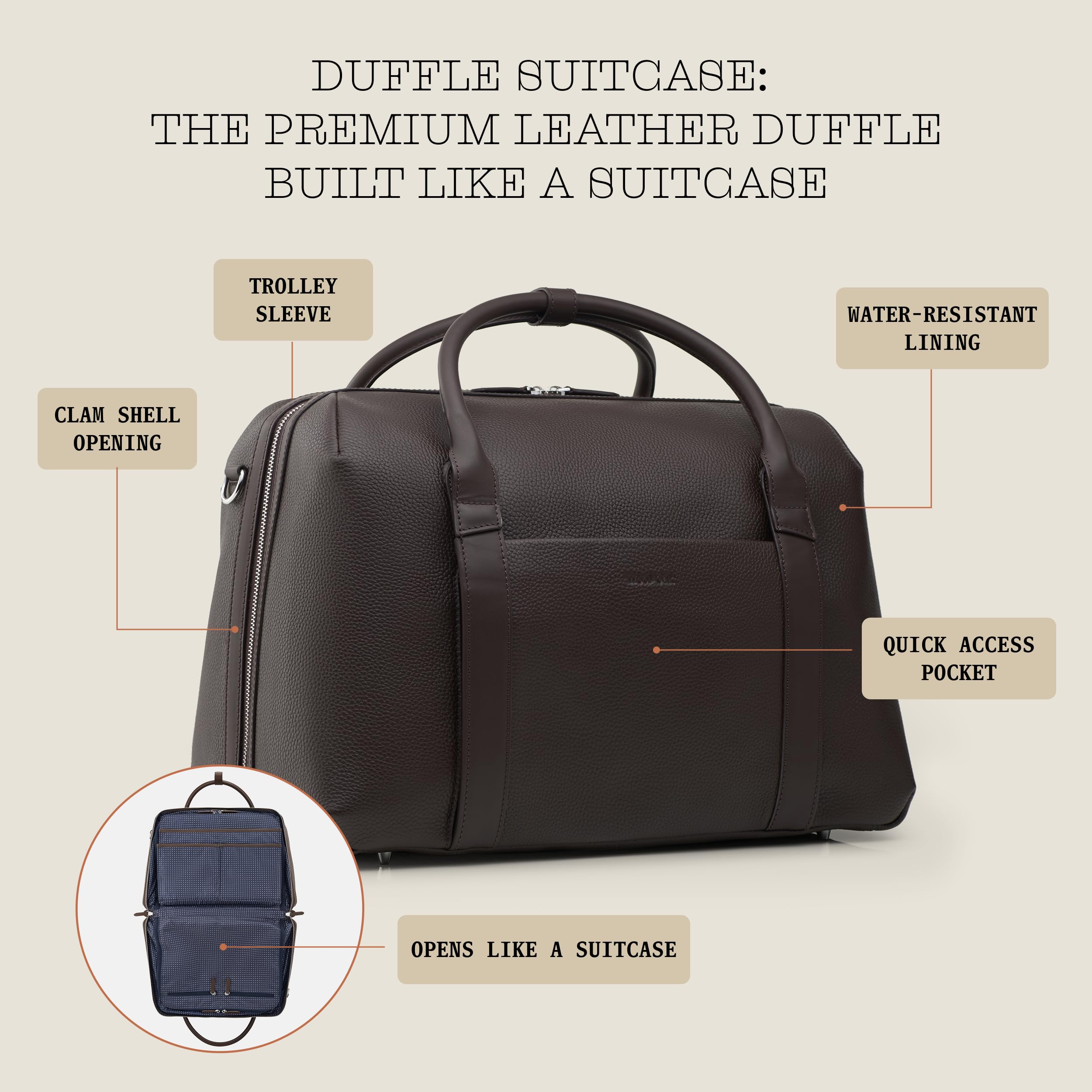 Wool & Oak Duffle Suitcase – Full-Grain Leather Travel Bag with Clamshell Opening, 33 L Capacity, Trolley Sleeve & 16″ Laptop Pocket – “DS Carry” Personal-Item Size - Pebble Leather - Chocolate