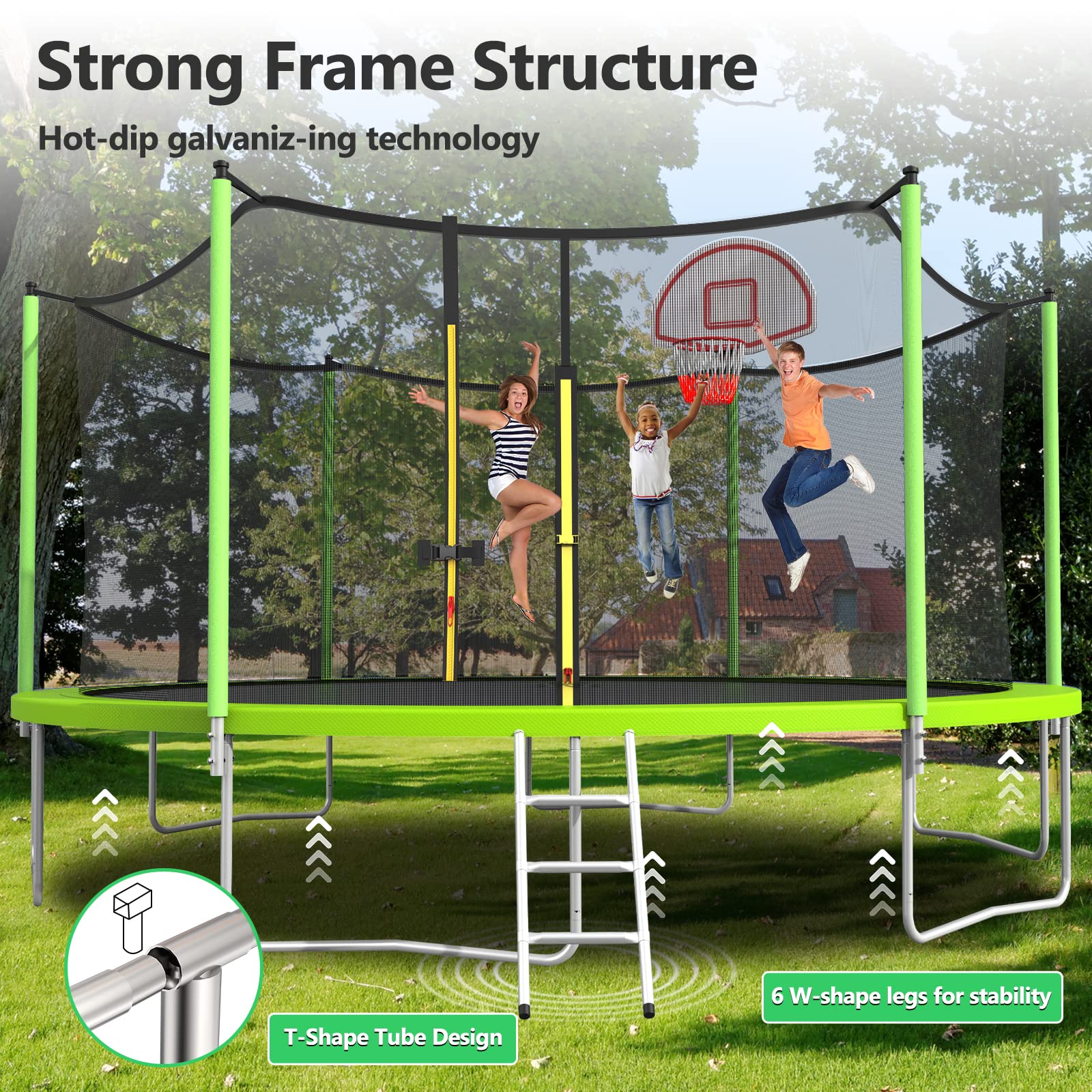 Lyromix 16FT Trampoline, Large Recreational Trampoline for Kids, Outdoor Trampoline with Basketball Hoop and Ladder, Backyard Jumping Trampoline, Capacity for 6-9 Kids and Adults, Grass Green