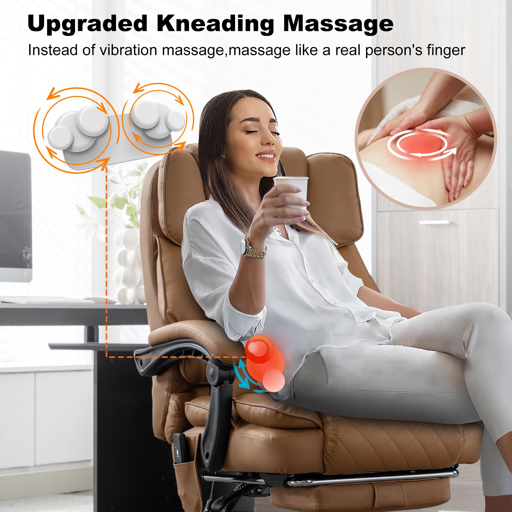 BOWTHY Kneading Massage Executive Office Chair with Heated,90-135° Reclining Office Chair with Footrest,Computer Desk Chair with Wheels,Diamond-Stitched Cushion Leather Office Chair (Brown)