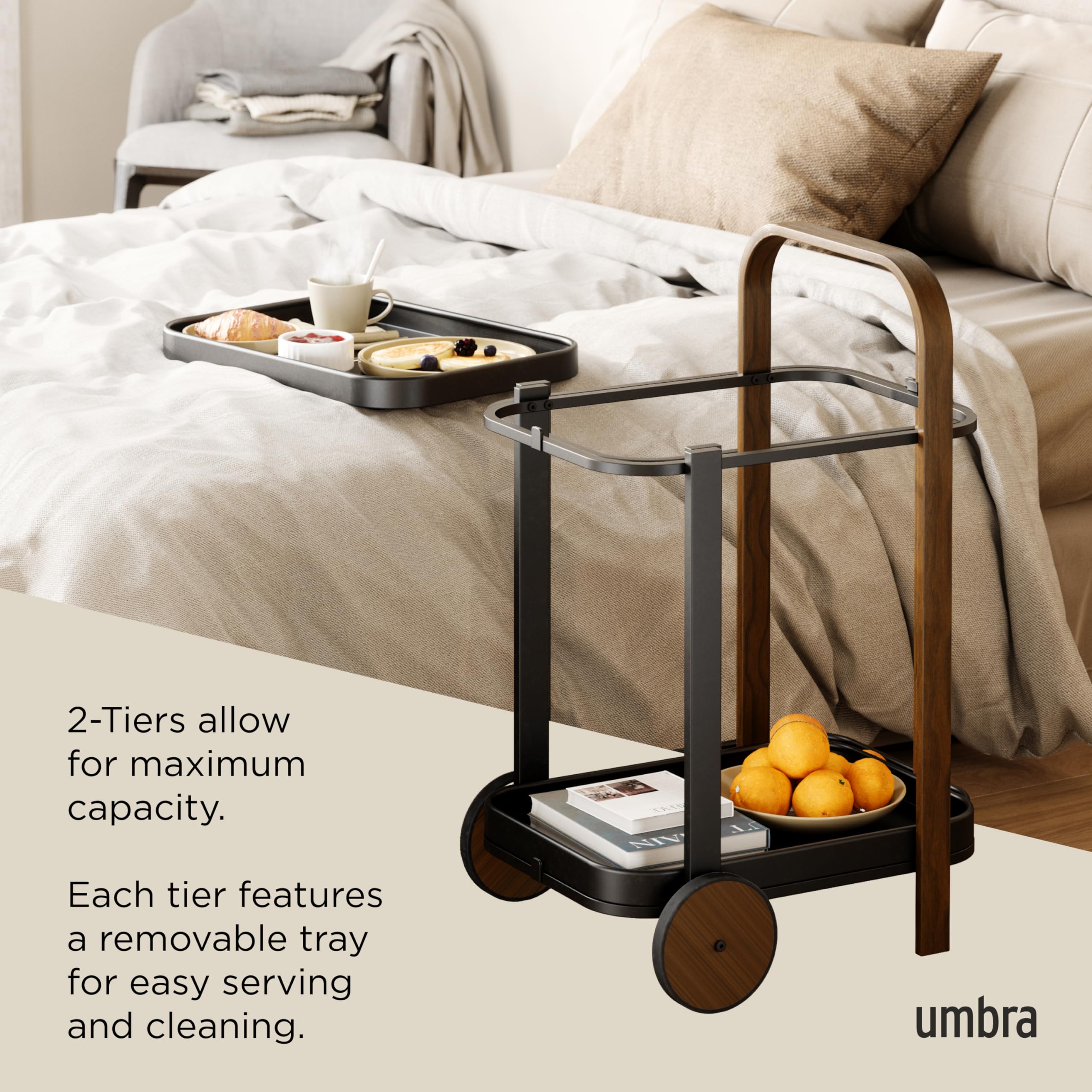 Umbra Bellwood Bar Cart, Serving Trolley, Side Table, Walnut/Black