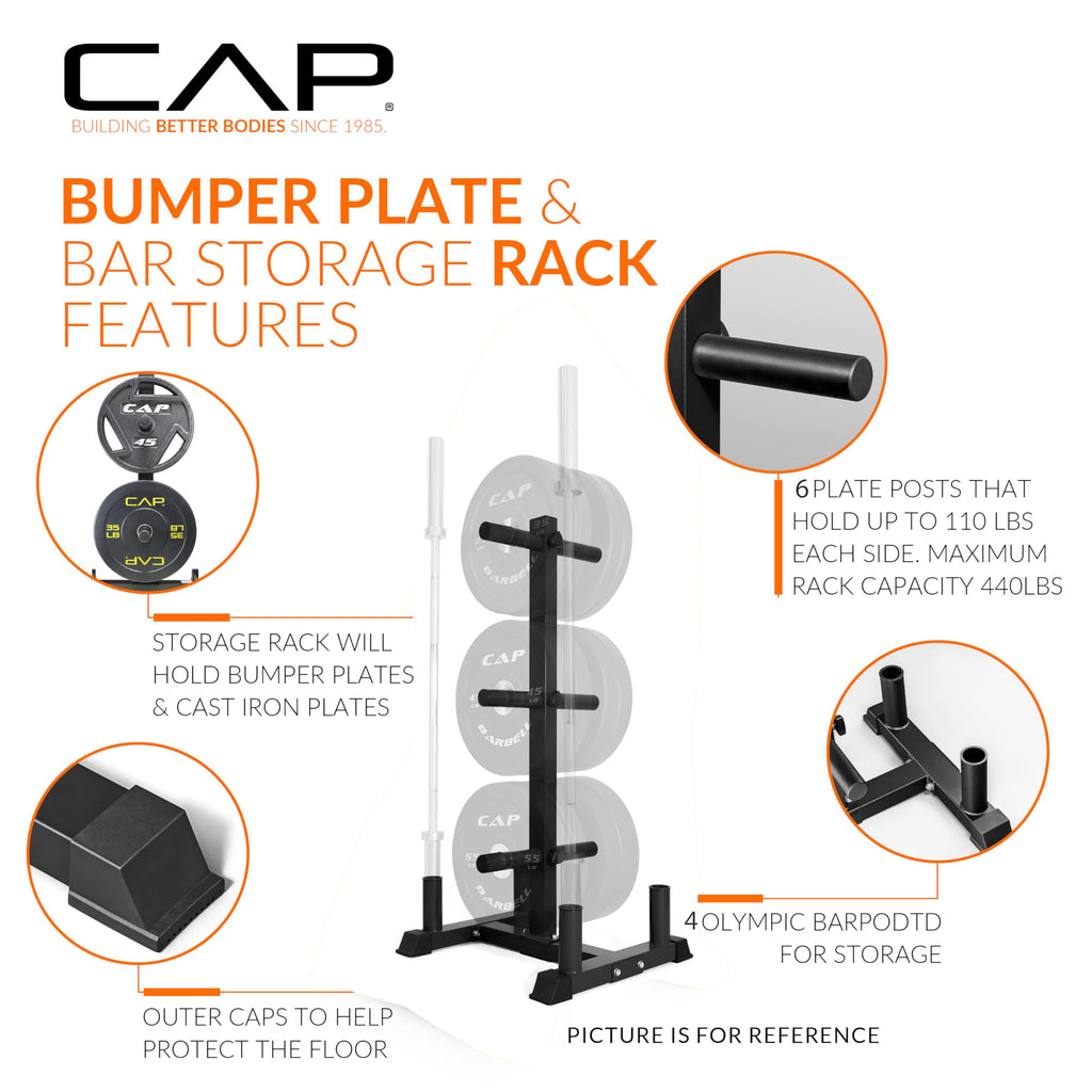 CAP Barbell 370 lb Economy - Speckled Olympic Plate Set with Traditional Plate Rack & Barbell Storage | 6 Weight Posts + 4 Barbell Holders