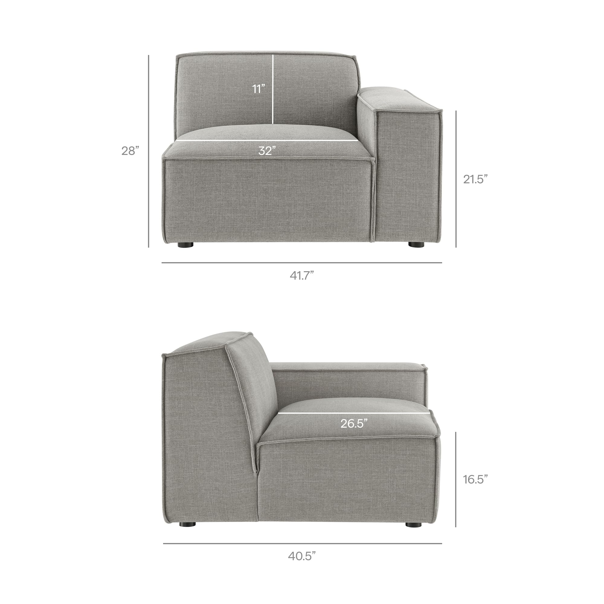 Modway Restore Performance Fabric Upholstered 4-Piece Modular L-Shaped Sofa in Pewter – Sectional Couch with Right-Facing Armchair, Armless Chair, Corner Chair, and Left-Facing Chaise