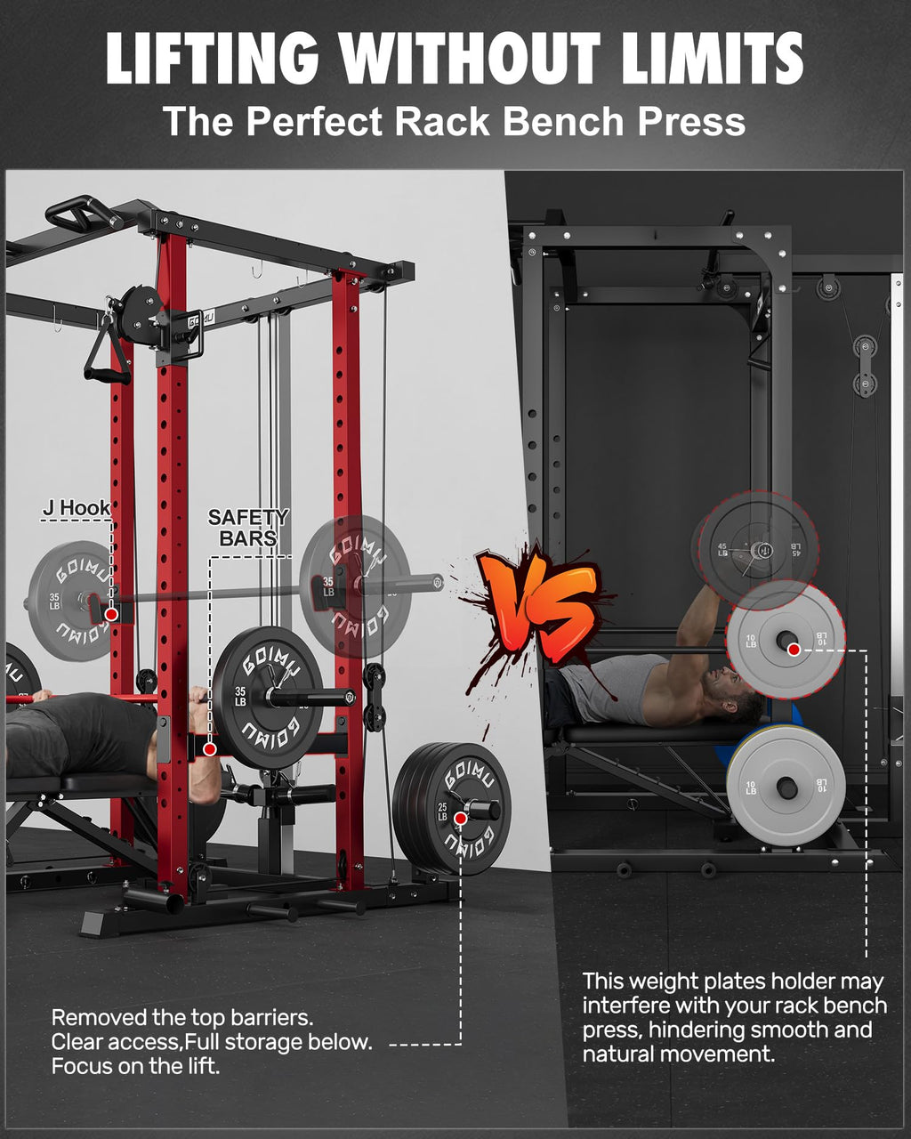 GOIMU RH01 Power Cage Rack, 2000LBS Squat Rack with with Cable Crossover System&LAT Pull Down System, Multi-Function Workout Cage for Home&Garage Gym (Red-SE, RH01 Power Cage with 290LB C Weights)