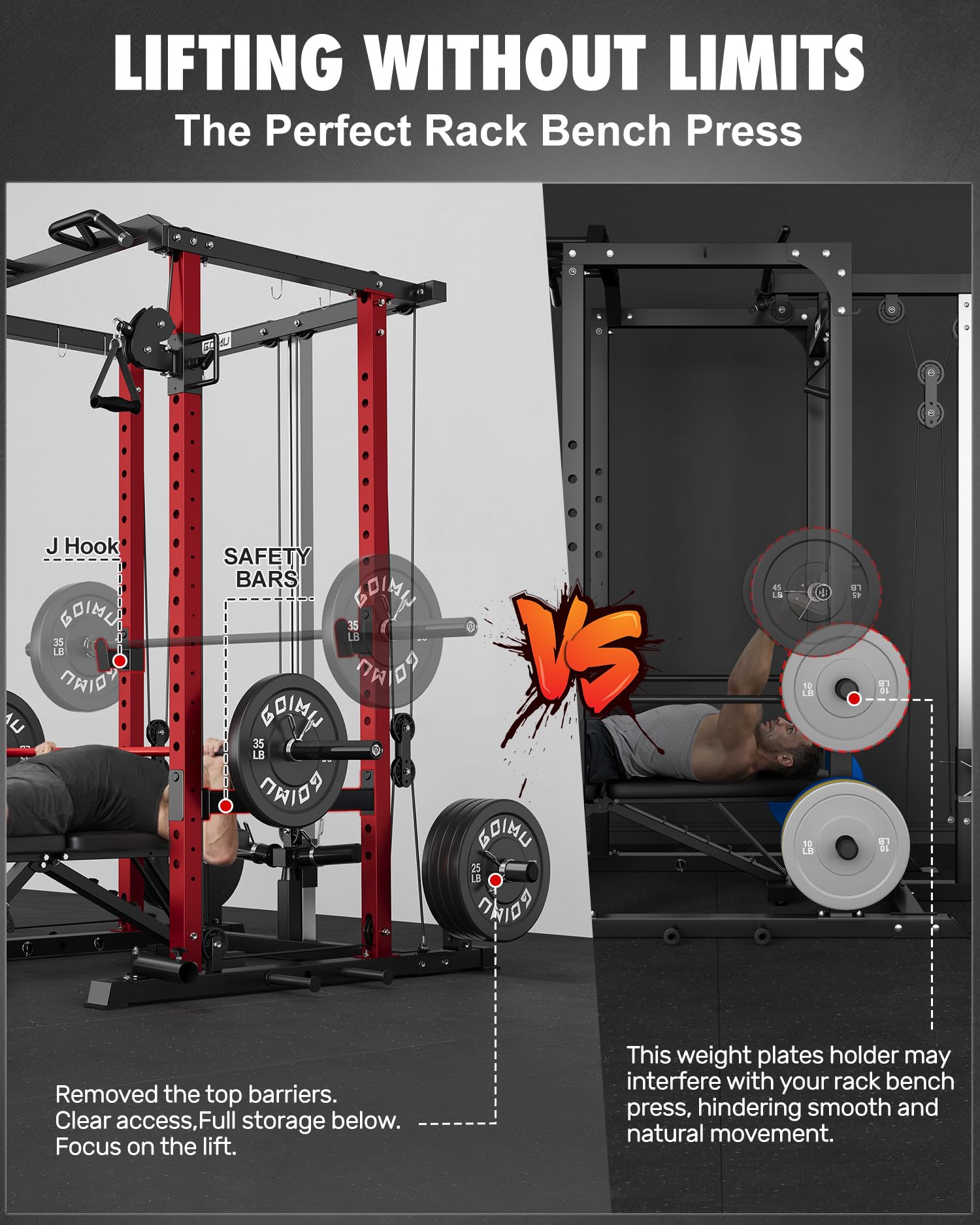 GOIMU RH01 Power Cage Rack, 2000LBS Squat Rack with with Cable Crossover System&LAT Pull Down System, Multi-Function Workout Cage for Home&Garage Gym (Red-SE, RH01 Power Cage with 290LB C Weights)