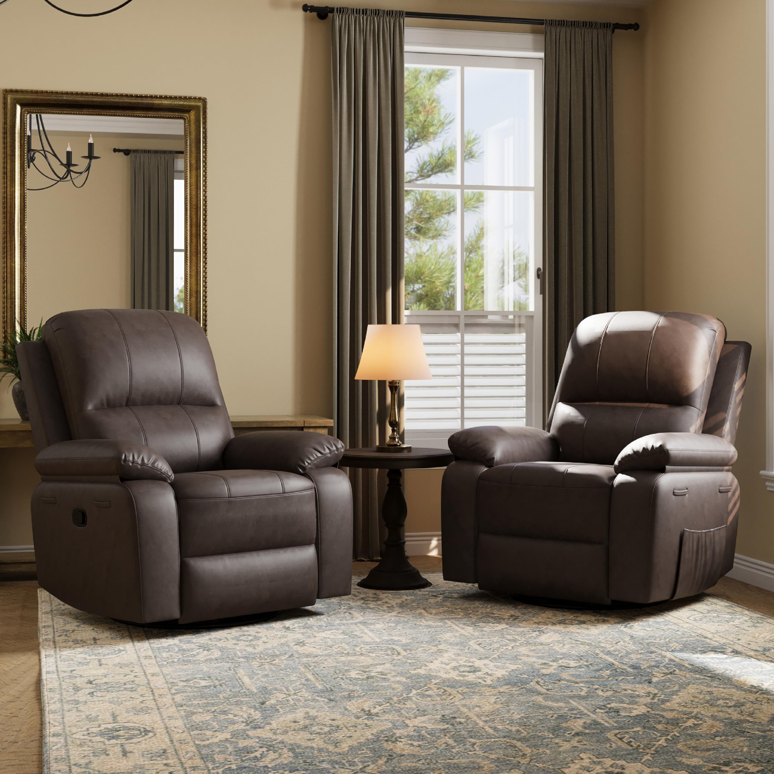 Attalee Leather Swivel Rocker Recliner Chair Set of 2, Traditional Manual Chair, Upholstered Nursery Glider Rocking Recliner, Faux Leather Single Sofa with Pocket Spring for Living Room, Dark Brown