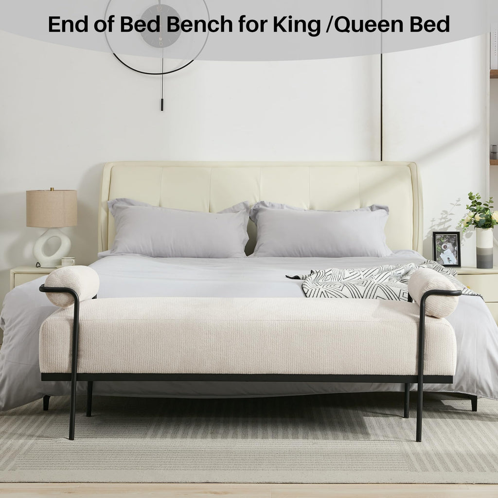 SOFTHION End of Bed Bench 61.2",Entryway Bench,Modern Upholstered Bench Ottoman,Chenille Paded Footrest Stool with Metal Legs for Living Room, Foyer Mudroom Hallway,Beige