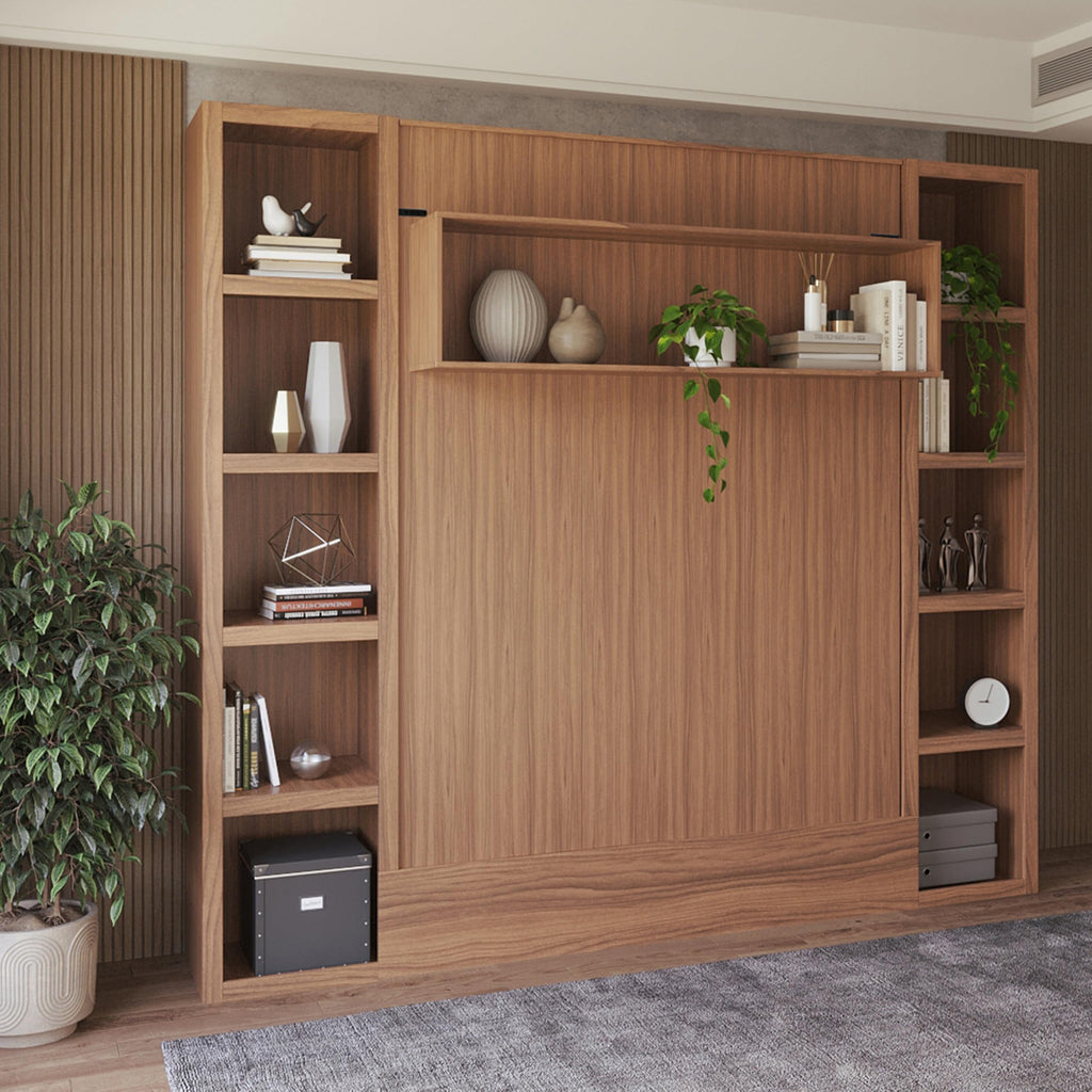 Oakland Living Easy-Lift Queen Murphy Wall Bed in Brown Wood Grain with Two Bookshelves