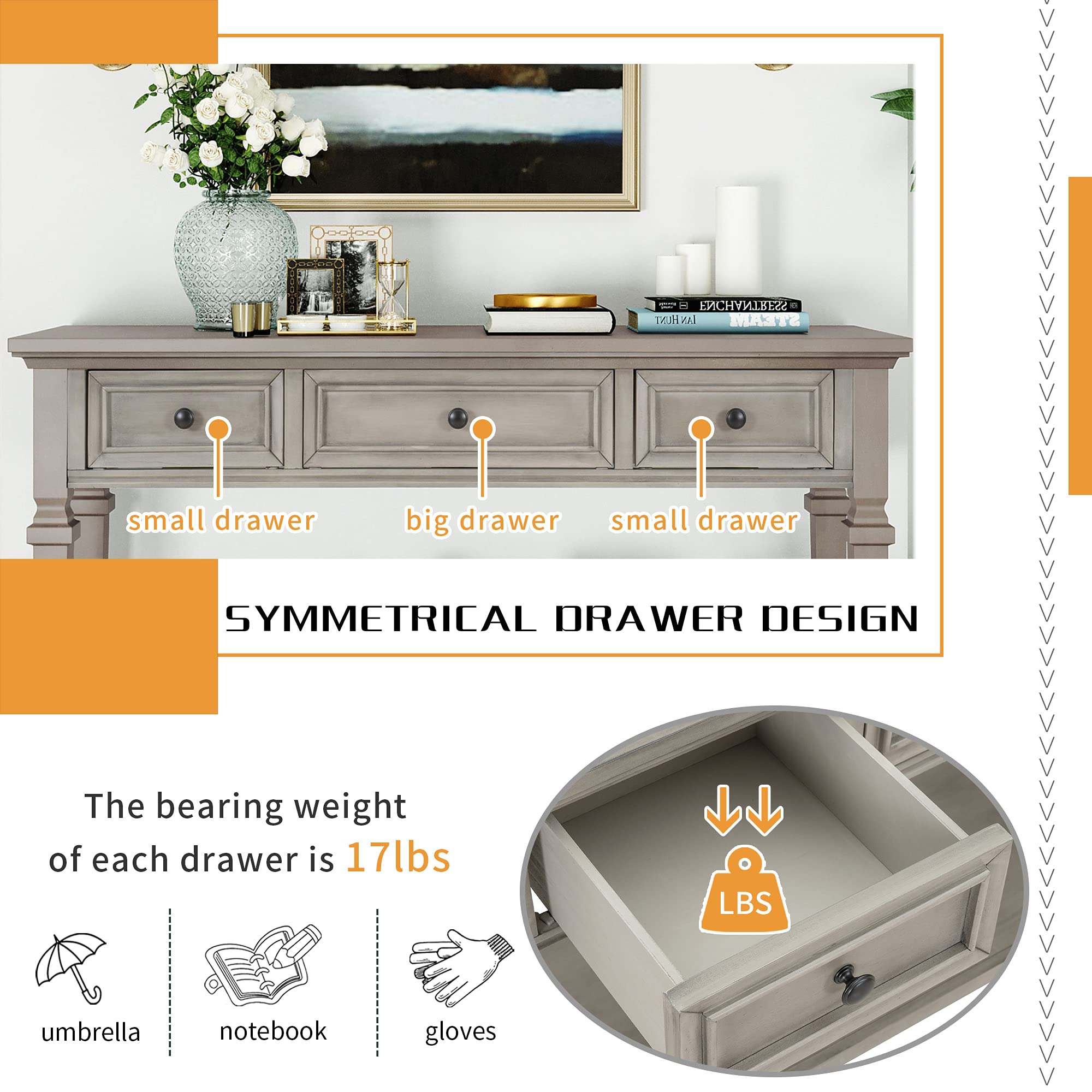 Merax Classic Long Narrow Console Table for Entryway Hallway Sideboard with Storage Drawers and Bottom Shelf Gray Wash