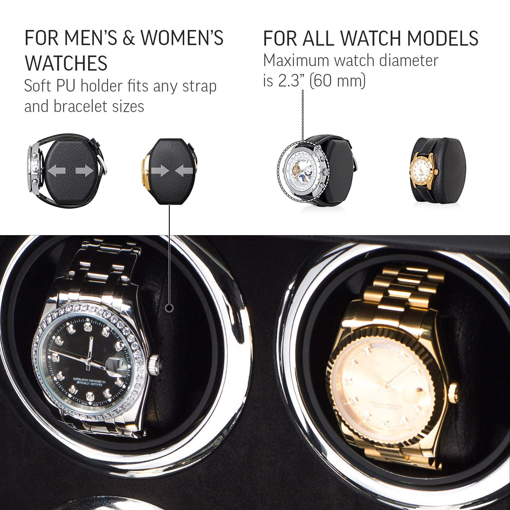 Watch Winder for 4 Watches with LED Backlight, LCD Display and Motor-Stop Option (Black & Black)