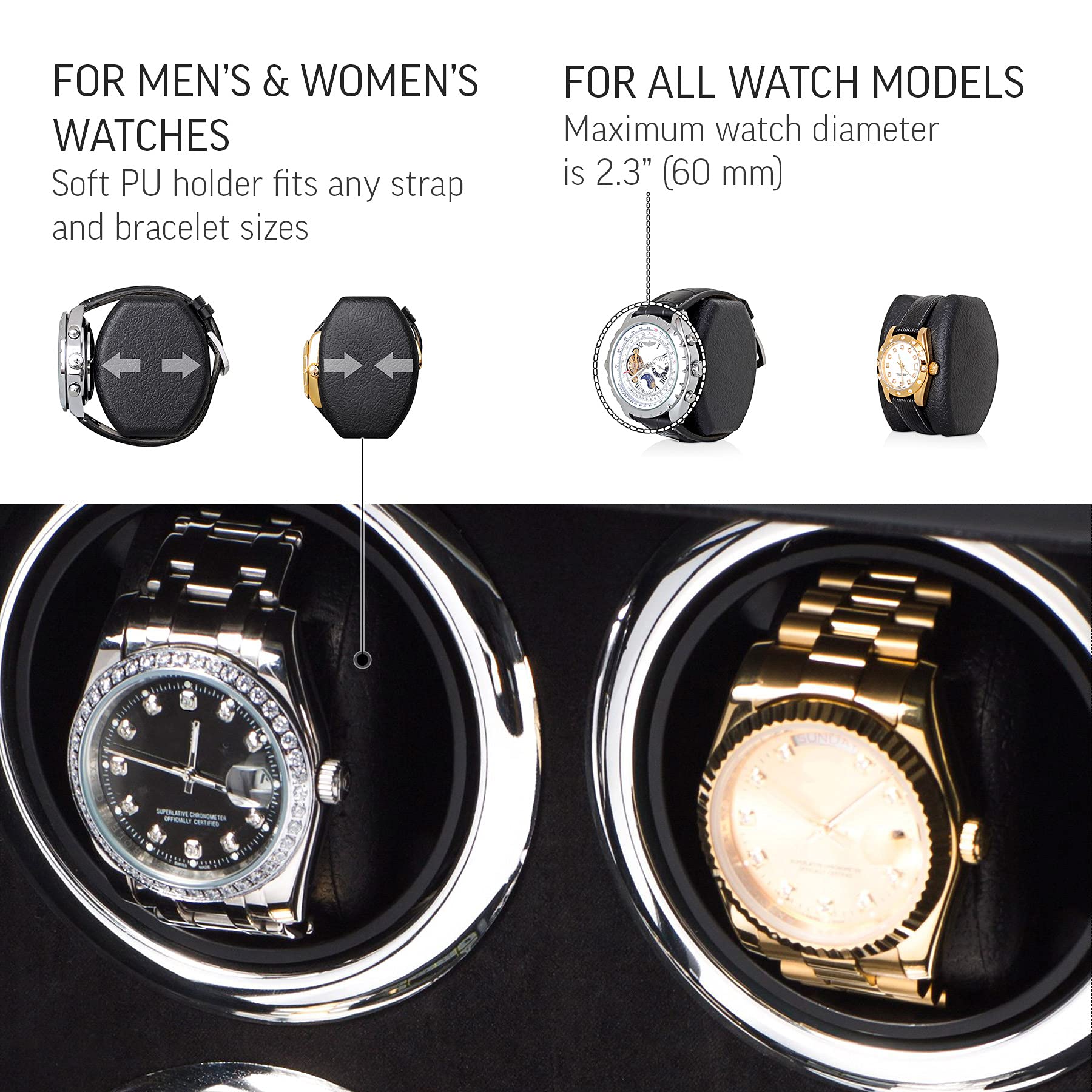Watch Winder for 4 Watches with LED Backlight, LCD Display and Motor-Stop Option (Black & Black)
