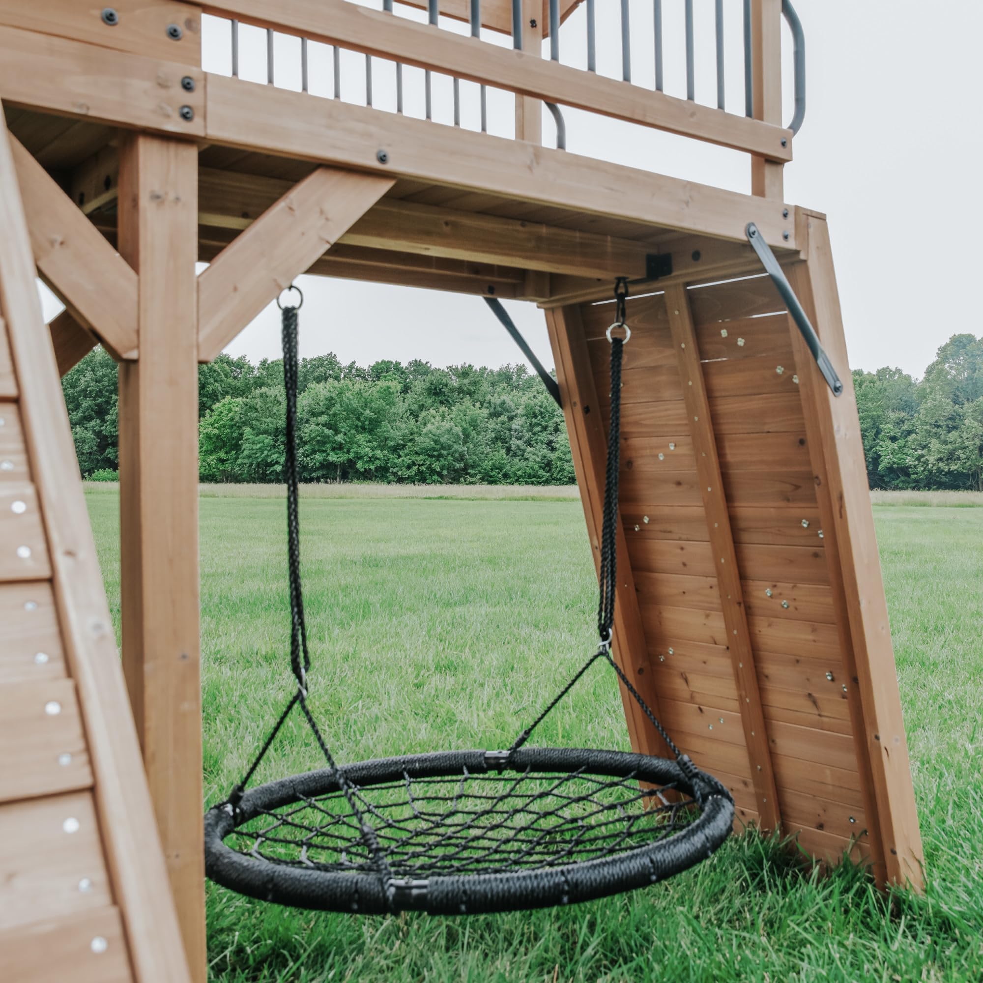 Backyard Discovery Sterling Point Cedar Wood Swing Set with Wave Slide, Raised Clubhouse, Wooden Bridge, Rock Wall, Belt Swings, Web Swing, Trapeze, Balcony, Climbing Wall, Ladder, Outdoor Playset