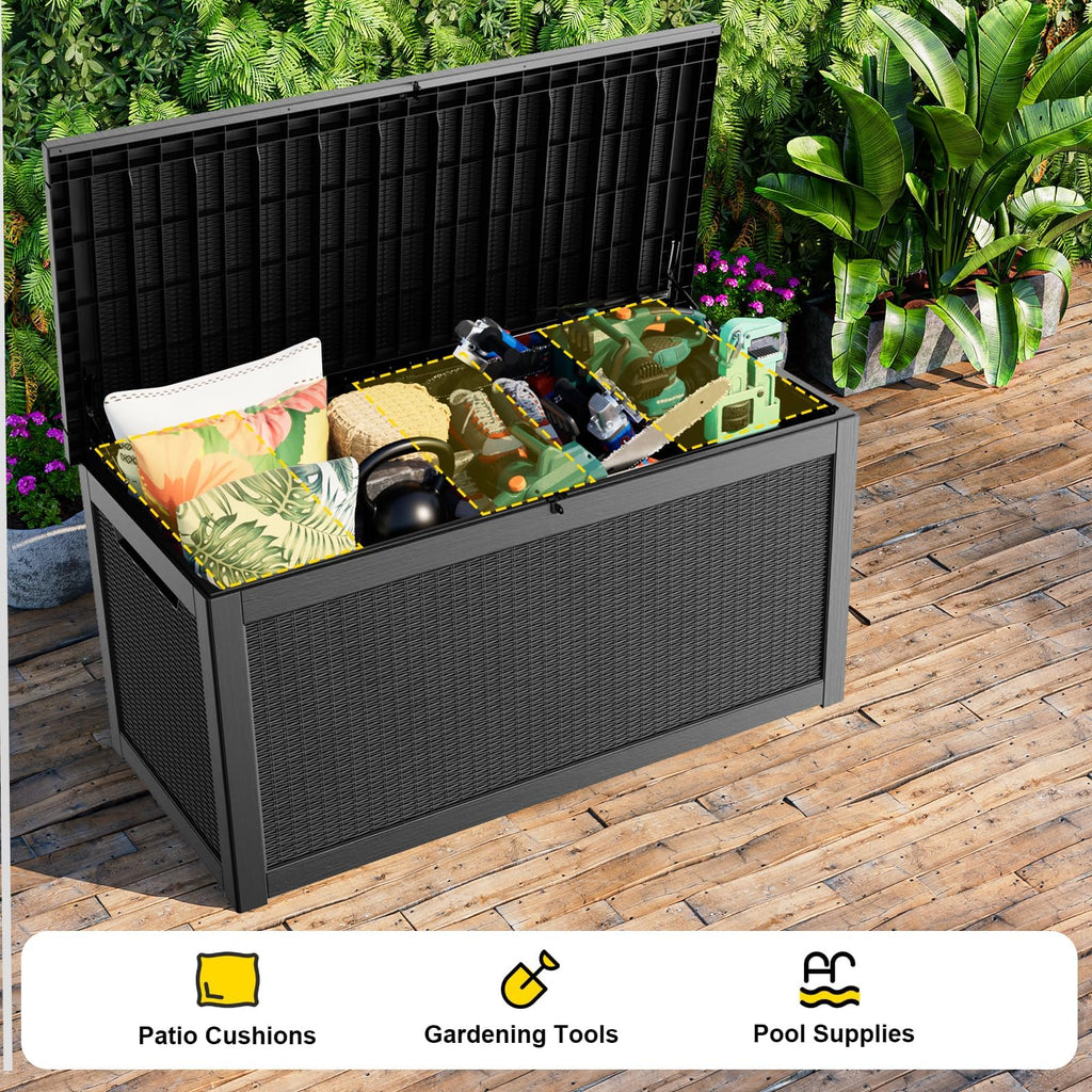ASKPASS 320 Gallon Outdoor Storage Box,Large Waterproof UV Resistant Deck Box,Lockable Storage Container for Patio Furniture Cushions Garden Tools and Pool Accessories(Black)