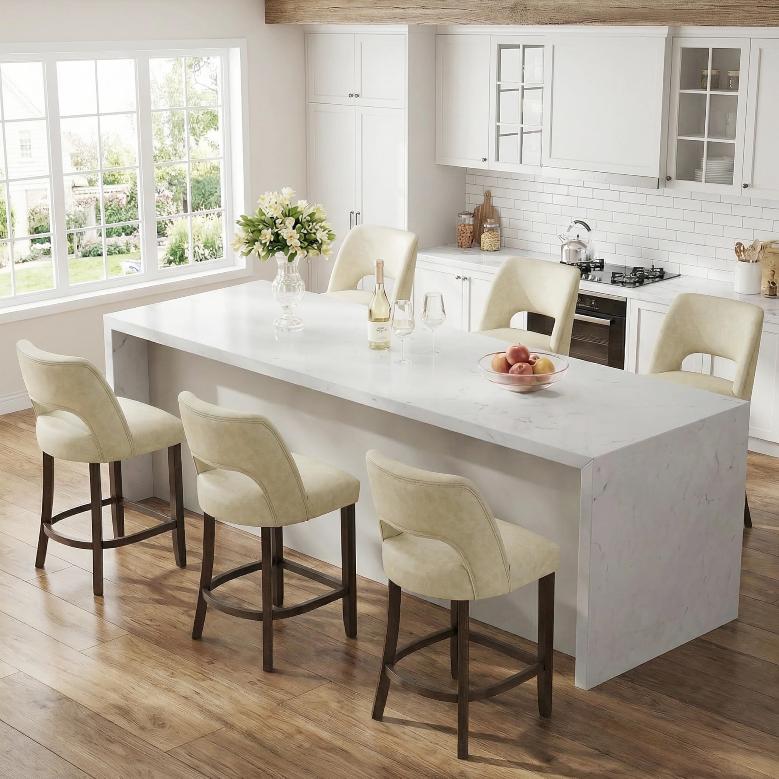 VKNOW 26" Bar Stools Set of 4, Faux Leather Counter Height Bar Stools with Backrest and Rubberwood Legs, Upholstered Barstools for Kitchen Island, Bar and Dining Room, Beige
