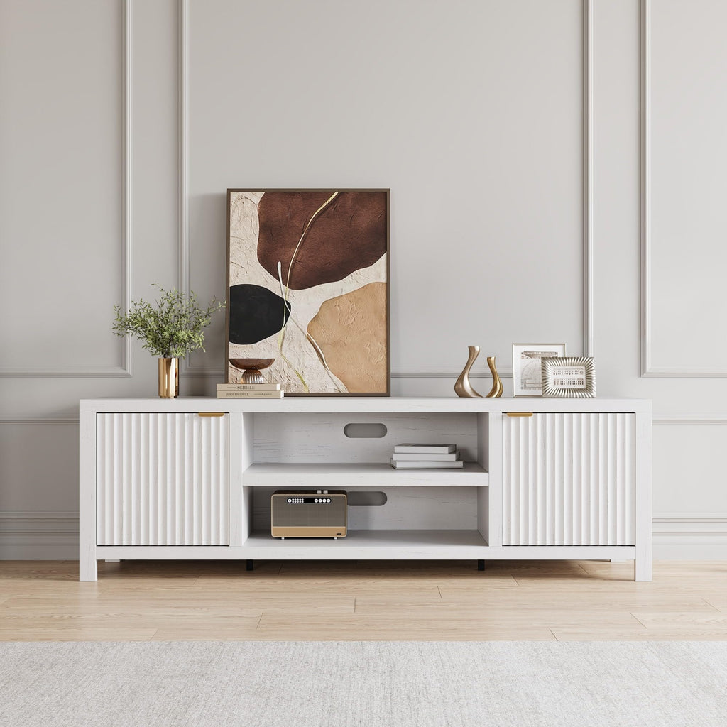 IDEALHOUSE Fluted TV Stand for 75+ Inch, Modern Entertainment Center with 2-Tier Storage & Adjustable Shelves, Media Console Cabinet with 2 Fluted Doors and Gold Handle for Living Room, Bedroom, White