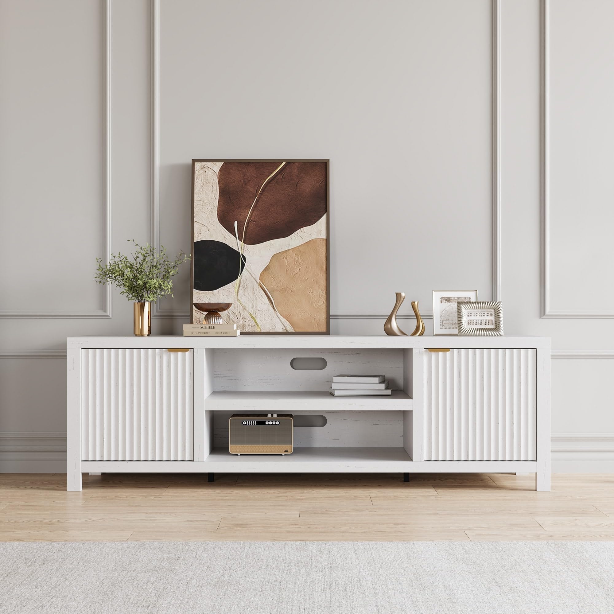 IDEALHOUSE Fluted TV Stand for 75+ Inch, Modern Entertainment Center with 2-Tier Storage & Adjustable Shelves, Media Console Cabinet with 2 Fluted Doors and Gold Handle for Living Room, Bedroom, White